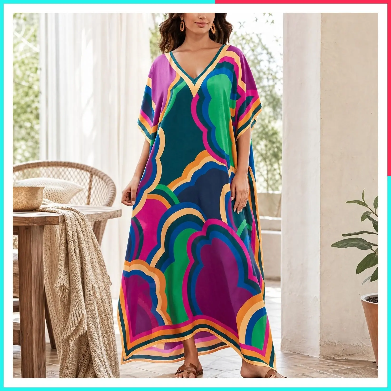 Women's Plus Size Loose Fit Moroccan Print V-Neck Batwing Kaftan Beach Dress Swimsuit Cover Up