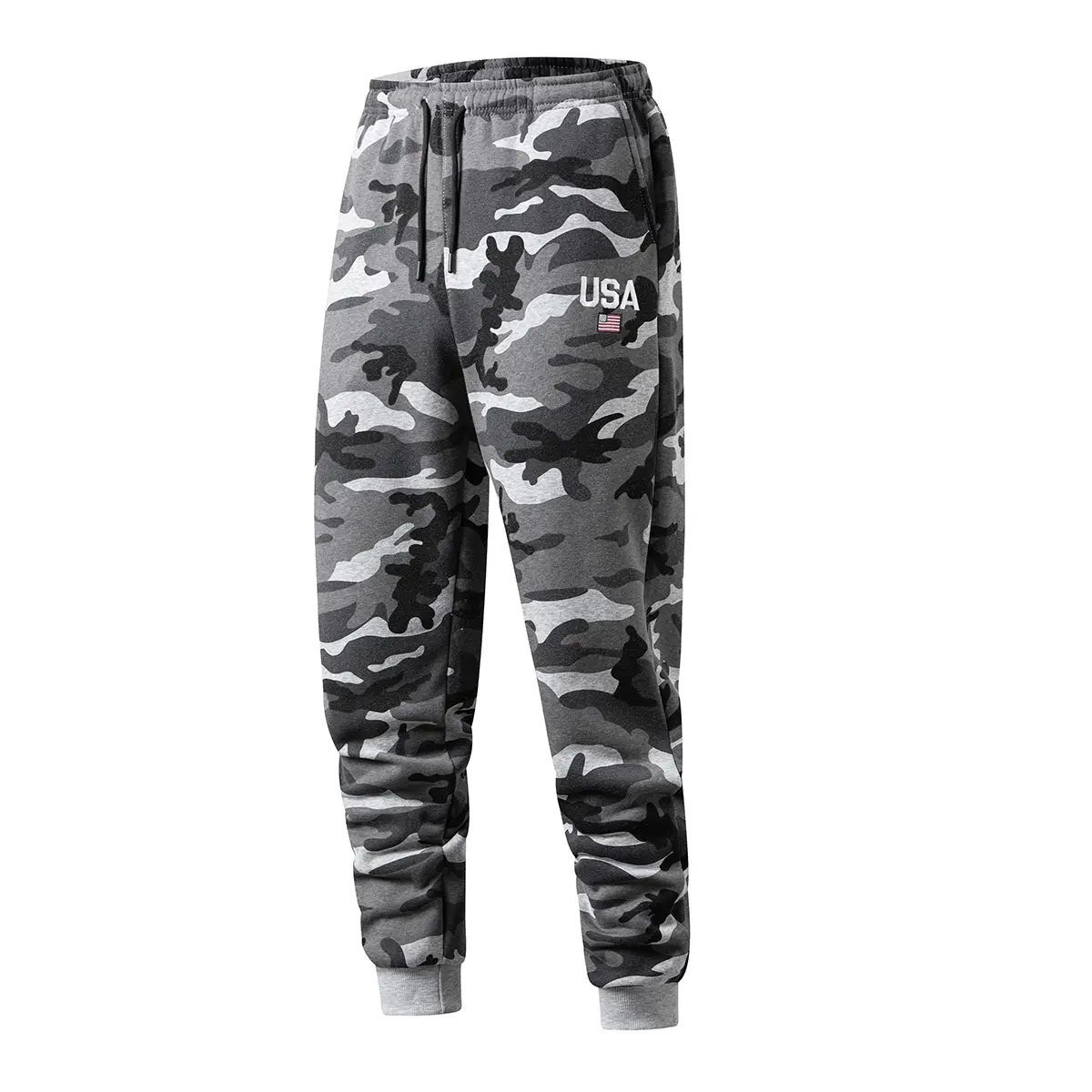 Men Camo Jogger Pants USA Flag Embroidery Drawstring Elastic Waist Cuffed Sweatpants, Casual Camouflage Tapered Trousers, Soft Streetwear Sweat Pants for Sports Workout Daily Outdoor Matching