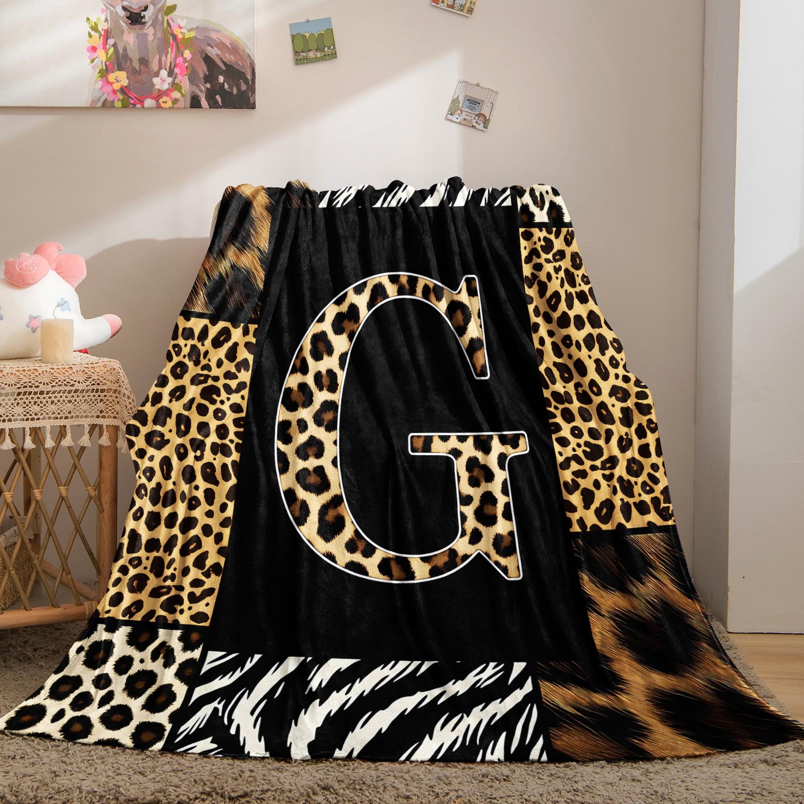 Animal Print Monogram Throw Blanket, Leopard Zebra Tiger Initial Soft Flannel Blanket for Sofa Bed, Gift for Animal Lovers
