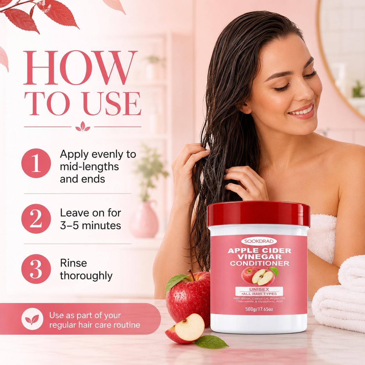 Apple Cider Vinegar Nutritive Conditioner, With Biotin, Castor Oil, Argan Oil, Chamomile, Hyaluronic Acid, Suitable For All Hair Types, Unisex, Daily Hair Care, Conditioning Hydrate Shine, 500g