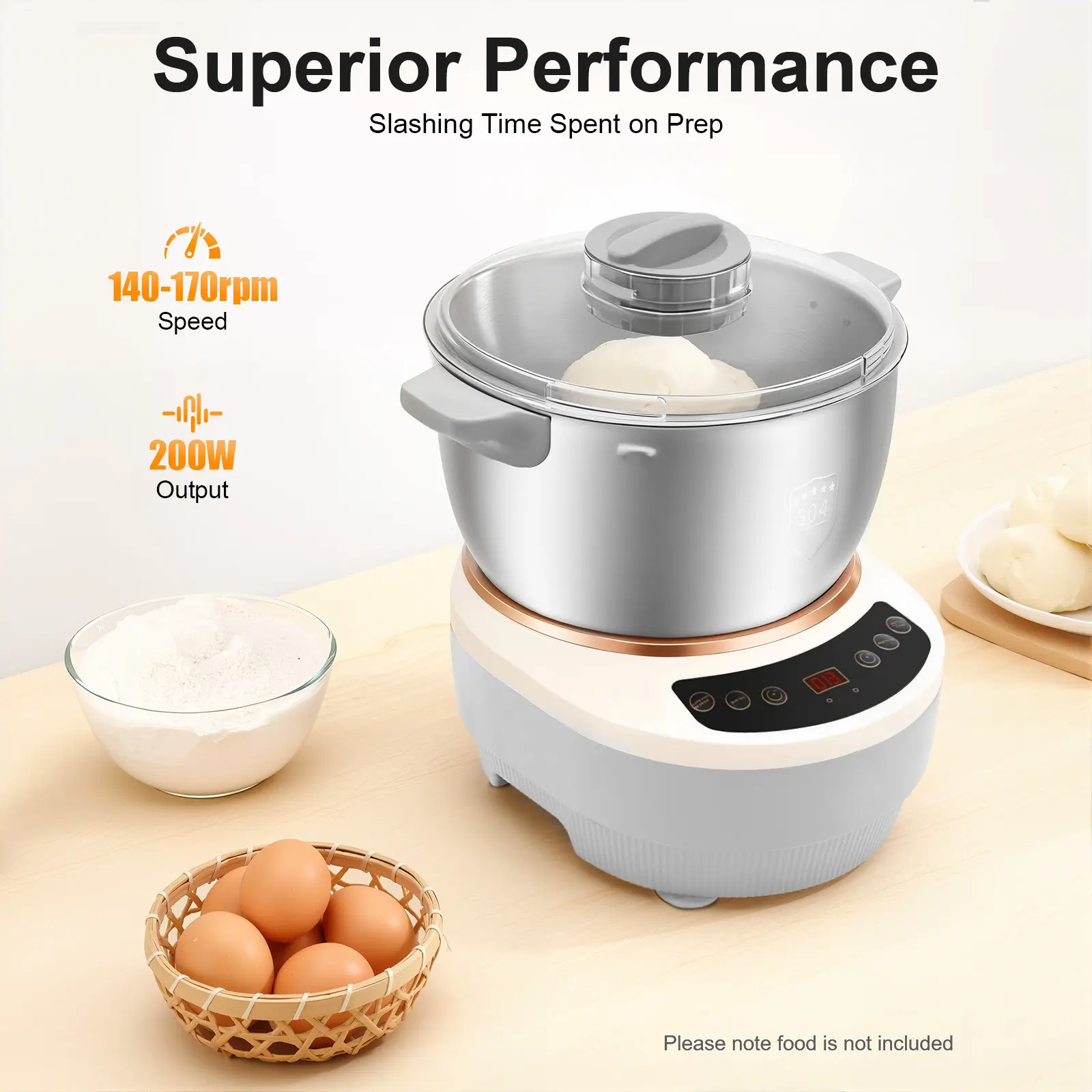 Automatic Dough Kneading Machine with 5L Capacity, 200W Pure Copper Motor, Ferment Function, 5-40 Min Timer, 304 Stainless Steel, Touch Control, Non-Slip Base, for Home & Commercial Baking