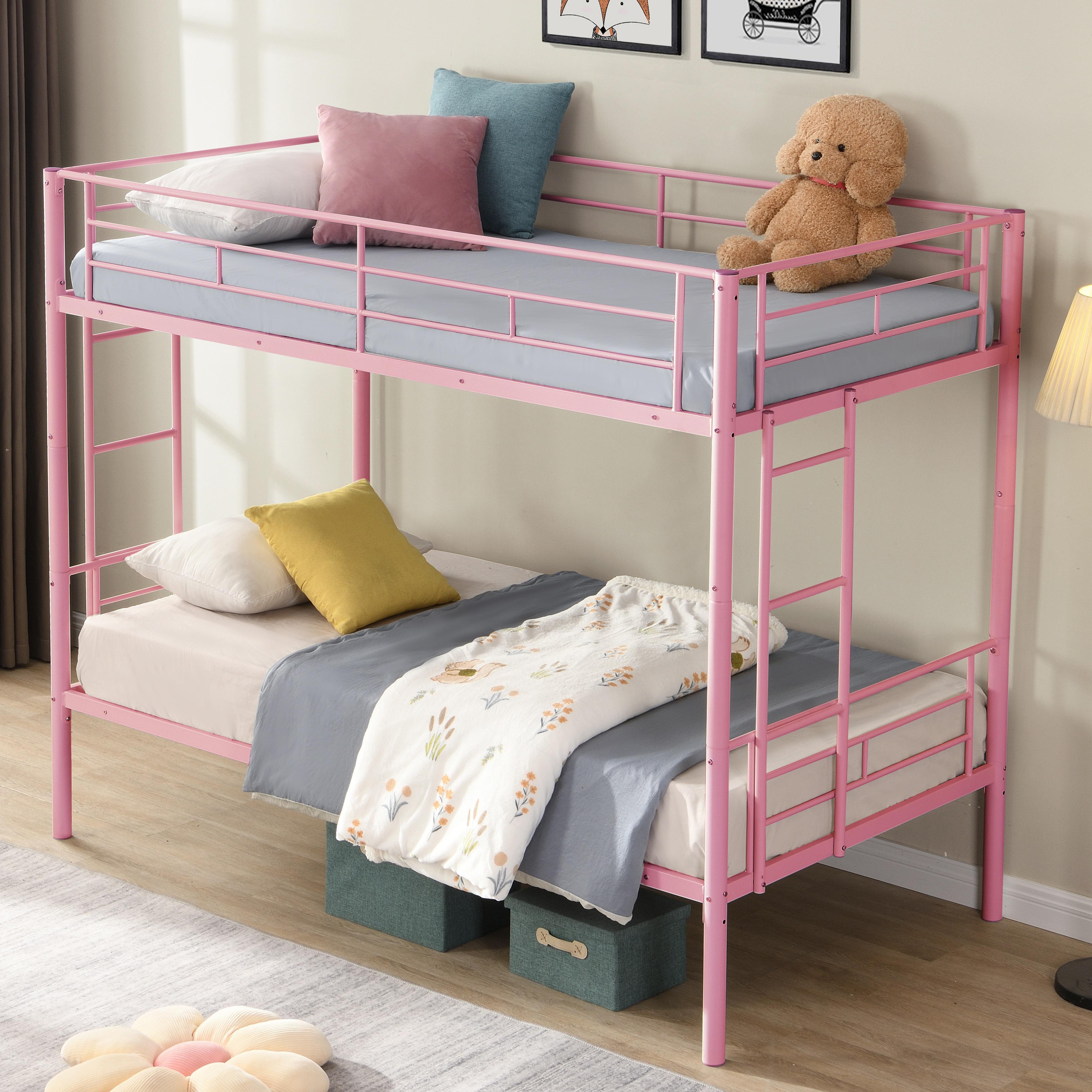 Twin Over Twin Bunk Bed with Built-in Ladder and Safety Guardrail, Heavy Duty Metal Bunkbeds, Convertible Metal Bunk Beds Twin, Space Saving, No Box Spring, Black/White/Pink/Silver