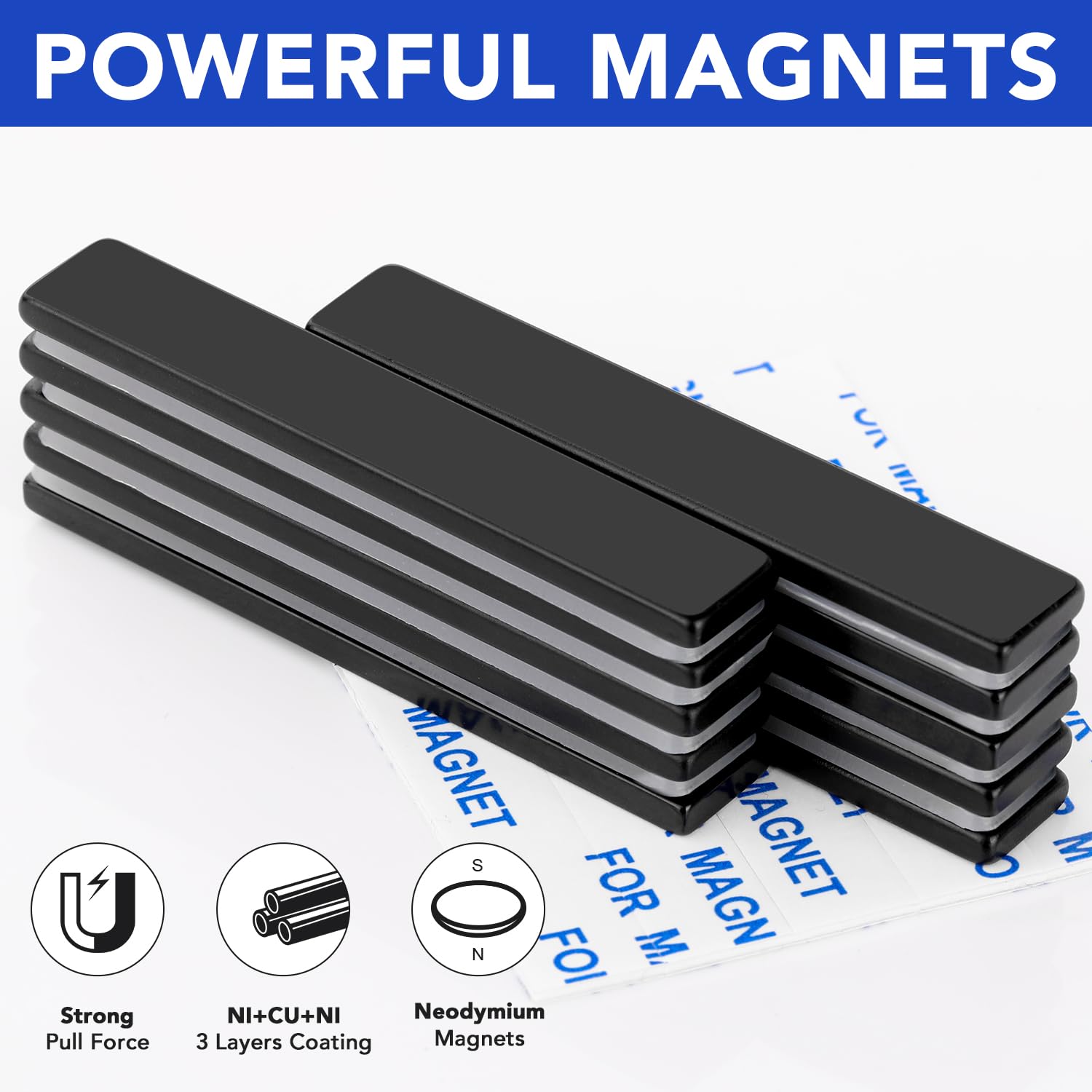 5-Pack Black Bar Shape Neodymium Magnets, Waterproof Heavy-Duty Rare Earth Magnets with Adhesive Backing, 60x10x3 mm for Fridge, Craft, Science, Millimeters