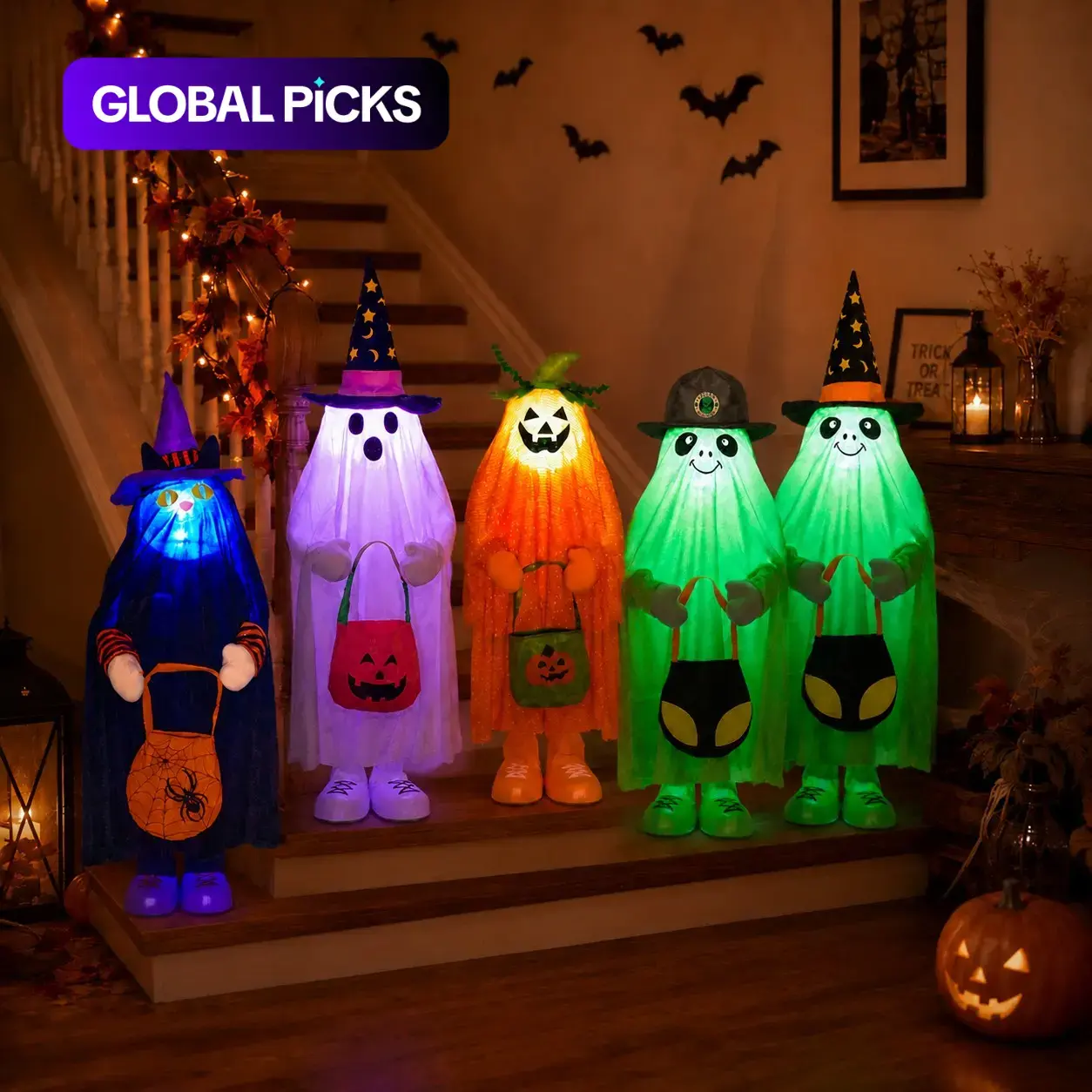 Standing Halloween Decoration with LED Lights, Battery-Powered, 5 Styles, Perfect for Courtyard, Living Room, Fireplace