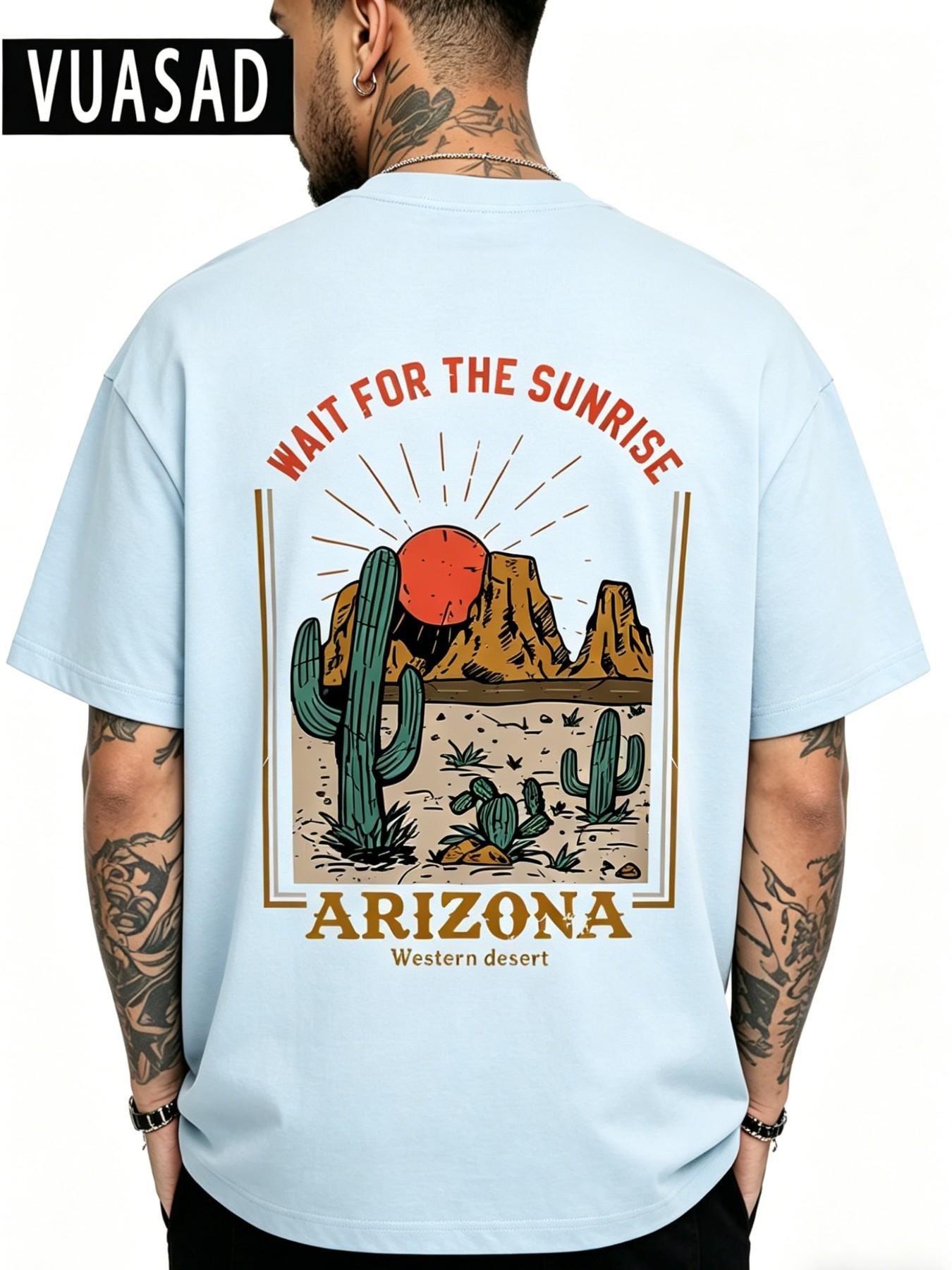 Men's Desert Cactus Landscape Casual Short Sleeve T-Shirt, Vintage Washed Style, Loose-Fit Pure Cotton Top, Daily Wear