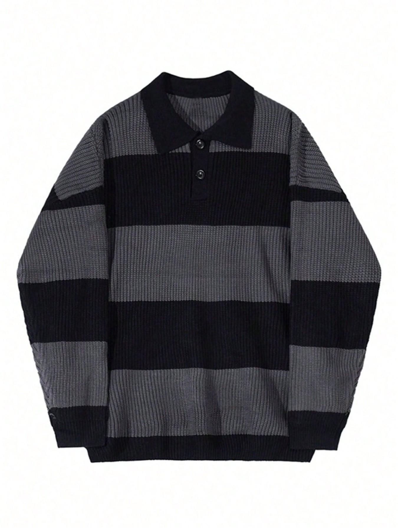 Men's Striped Lapel Half-Open Knit Polo Shirt, High-End Colorblock Sweater, Knitwear, American Vintage Style, Loose Fit, All Seasons, Casual