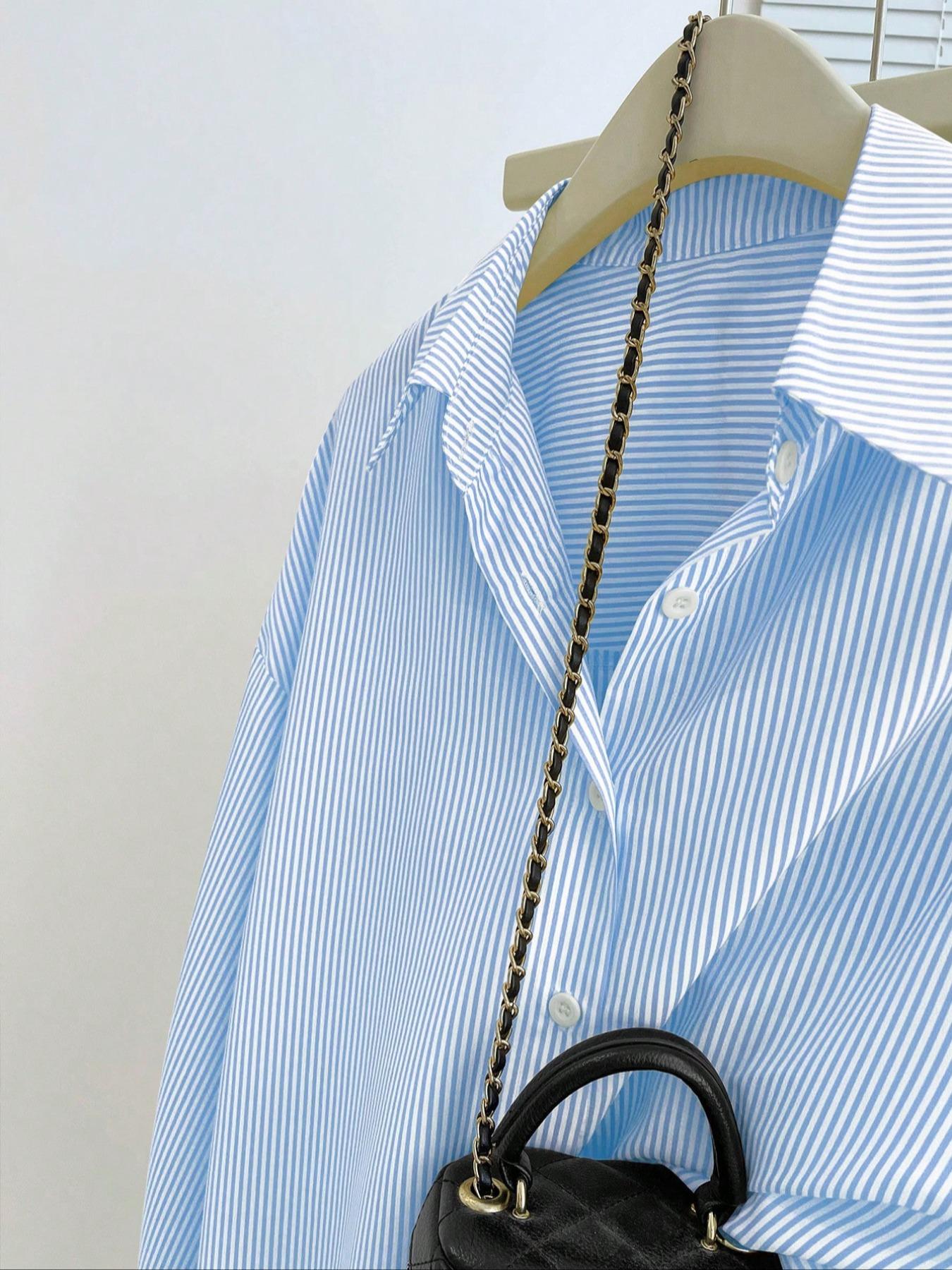 Elegant Women's Blue Striped Shirt, Loose Fit Casual Fashion Top, Perfect for Daily Wear & Commuting, Versatile Style for All Seasons