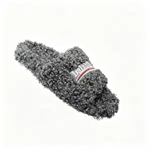 Women Dark Gray Curly Teddy Fleece Slide Slippers, Embroidered Stripe Trim Open Toe Slip On House Shoes, Non Slip Rubber Sole Indoor Outdoor Cozy Loungewear Slides Dark Gray Curly Teddy Fleece Women Open Toe Slide Slippers