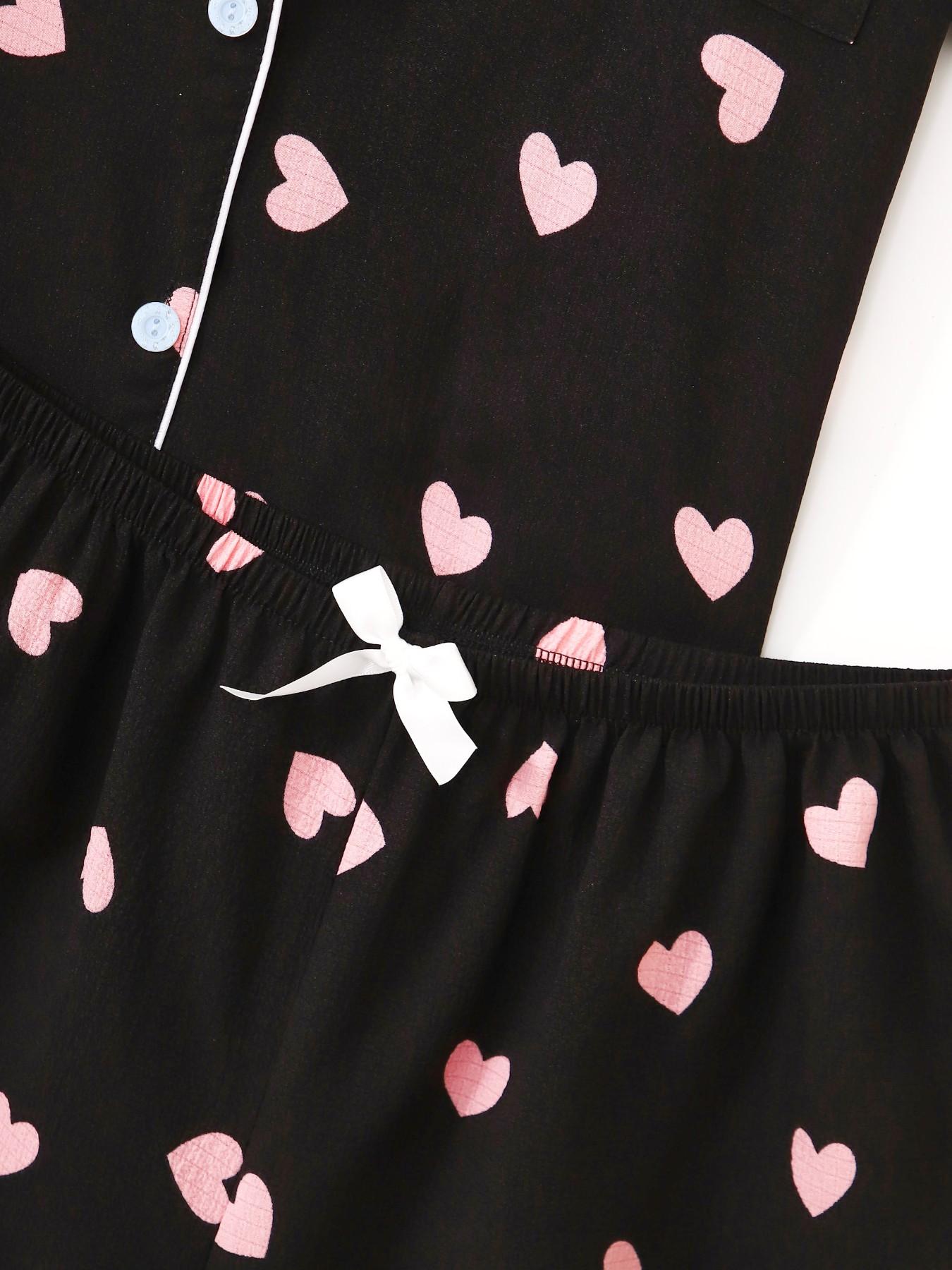 Women's 3-Piece Sleepwear Set, Short Sleeve Top & Shorts, Heart Butterfly Print, All-Seasons Casual Home Wear, Essential Daily, Loungewear Pjs Set