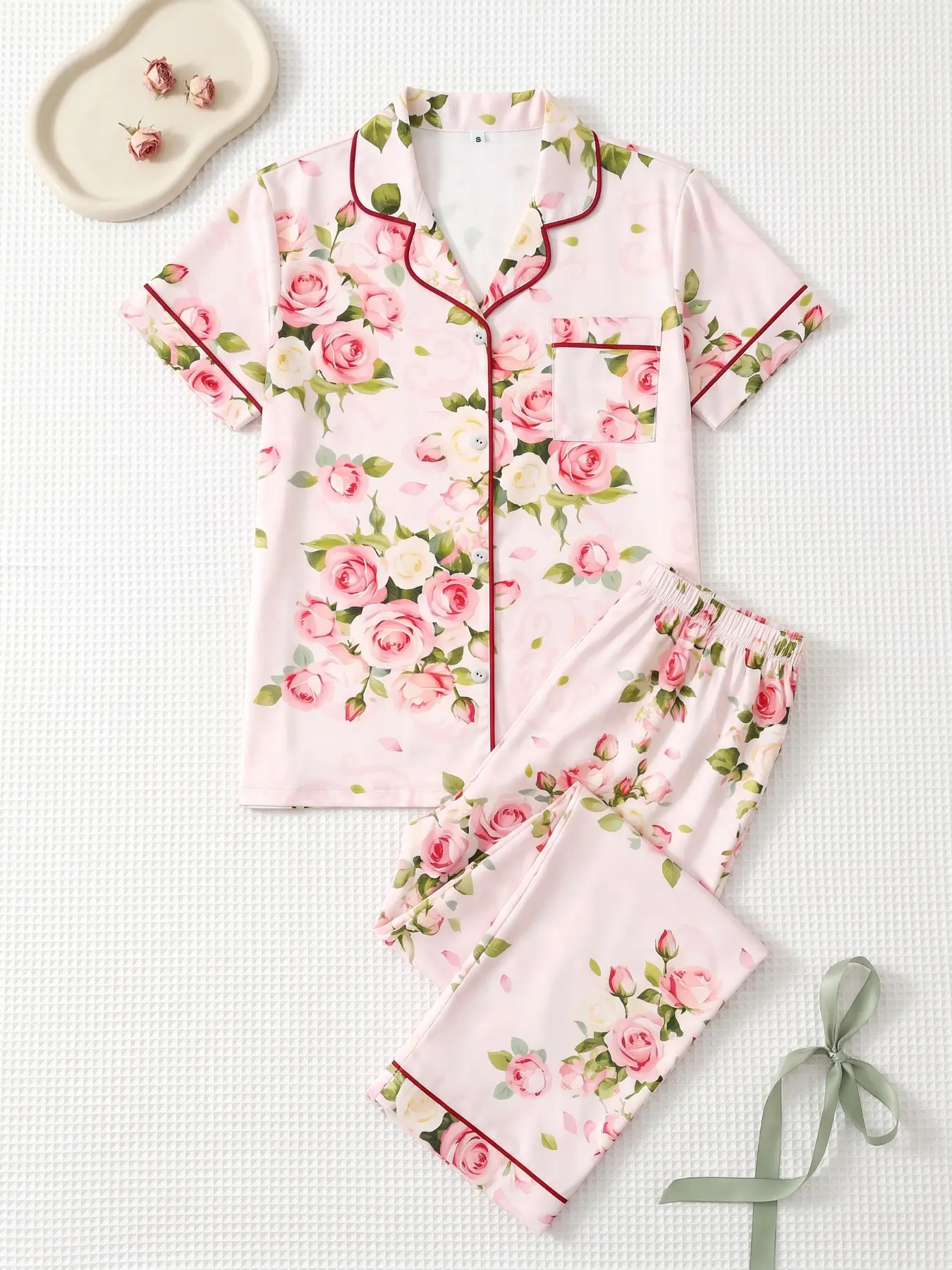 Women's 2-Piece Pajama Set, Short Sleeve Button-Up Shirt and Pants, Floral Print, Casual Home Wear, Spring Summer Fall Winter