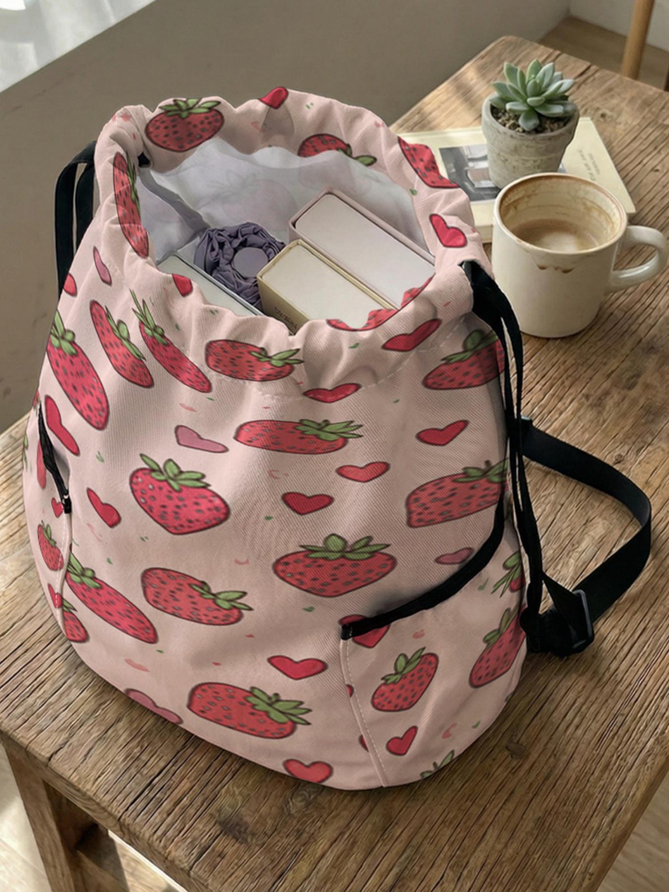 1 piece of strawberry heart pattern 2D printed drawstring backpack - large capacity durable fitness bag, with adjustable shoulder straps, suitable for both men and women, essential for travel, hiking, camping