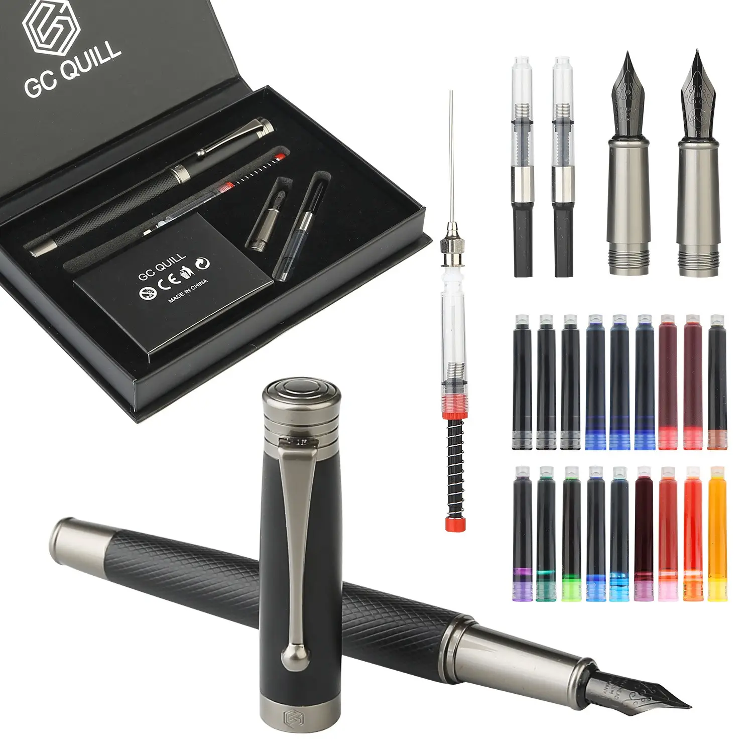 GC QUILL Ergonomic Black Fountain Pen Set - Aesthetic Pens, Fine & Medium Nib, 18 Cartridges & 2 Refill Converters, Perfect for Daily Journaling, Sketching & Signature, Ideal Gift Box for Gifting