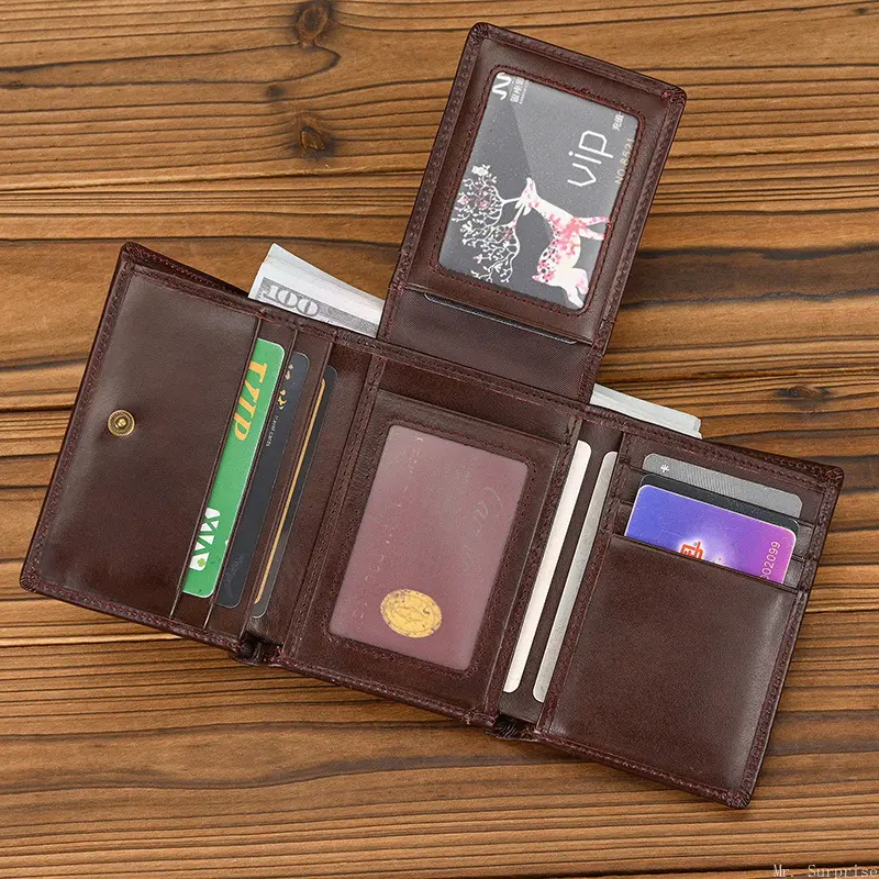Men Short Bifold Genuine Leather Wallet, RFID Blocking Credit Card Holder with Zipper Coin Pocket, Portable Daily Use Leather Billfold Wallet