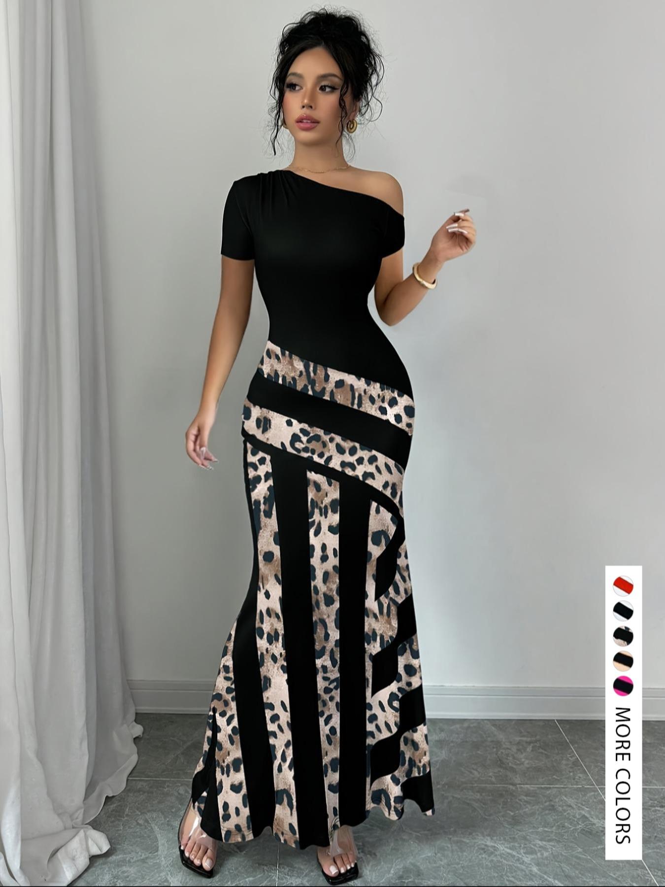 Women's Colorblock Striped Print Asymmetrical Neck Mermaid Dress, Elegant Fashion Casual Dress for Daily Outdoor Wear, Women Dress for Summer