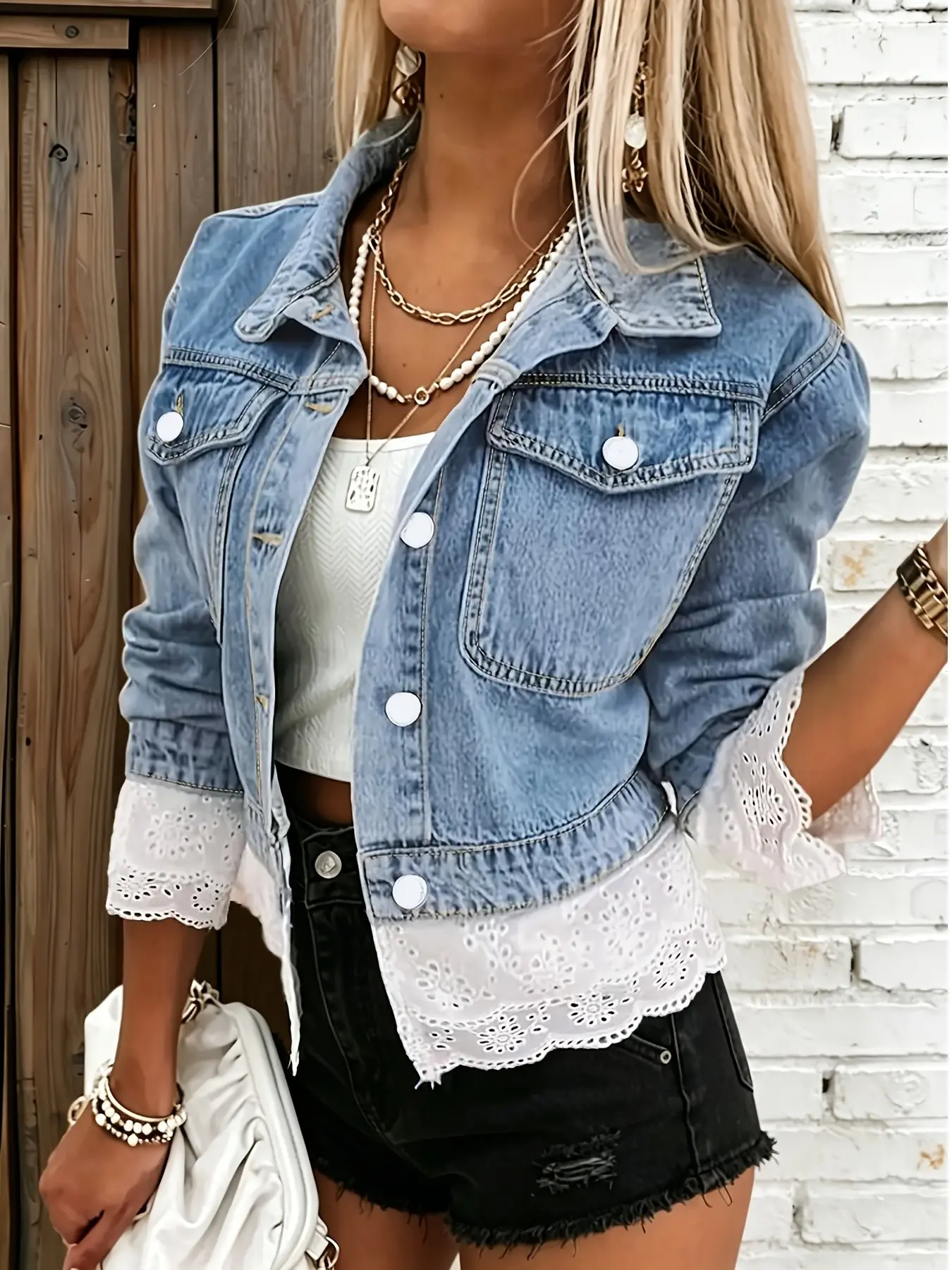 Women's Light Wash Denim Jacket with White Eyelet Lace Trim, Button Front Jean Jacket with Flap Chest Pockets