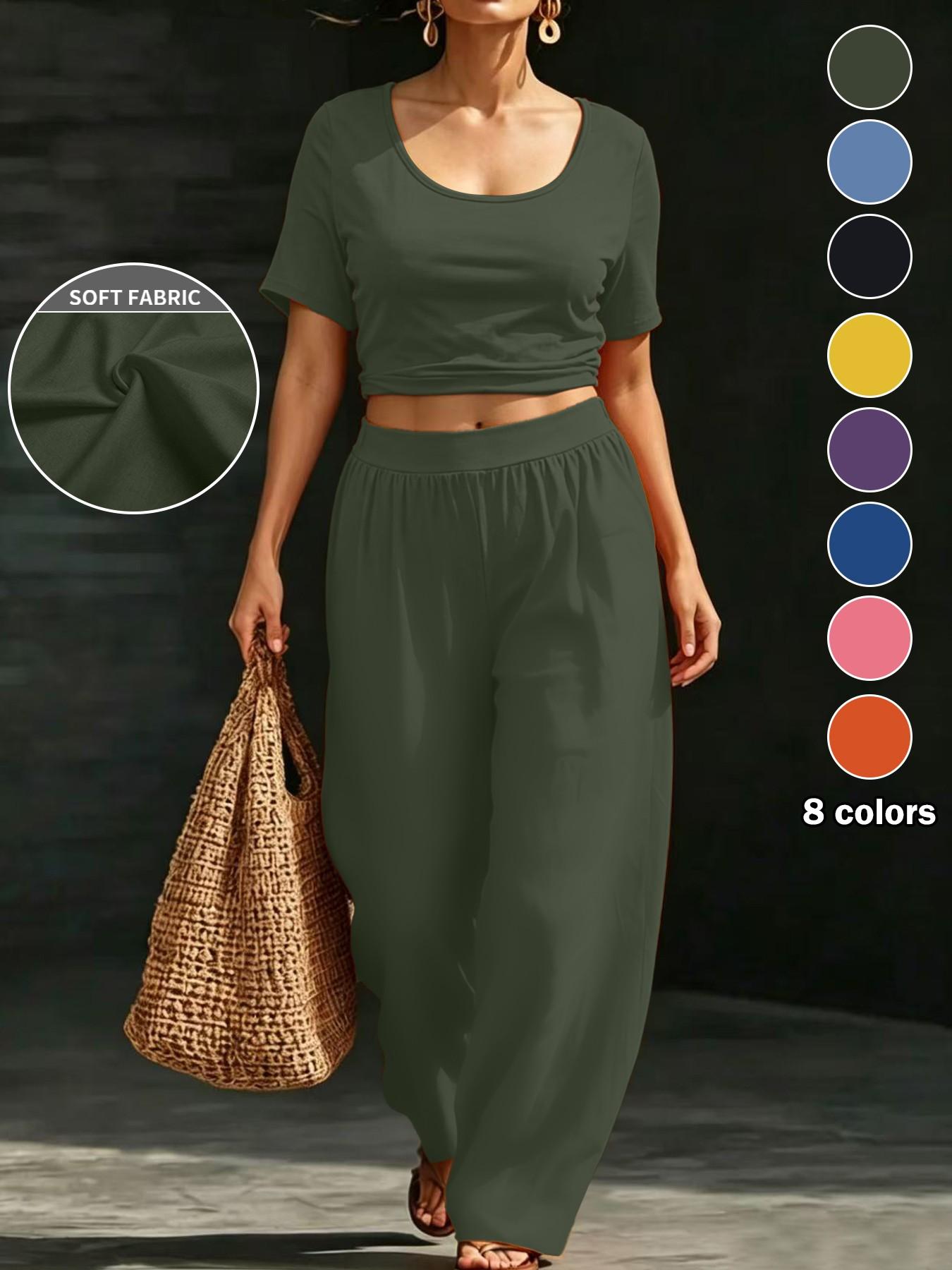 Plus Size Women's 8 Color Options, Casual Solid Shorts U-Neck Top + Loose Wide Leg Pants Set, Fit, Lazy Style, Daily Wear, Vacation, Home Essentials, Clothes