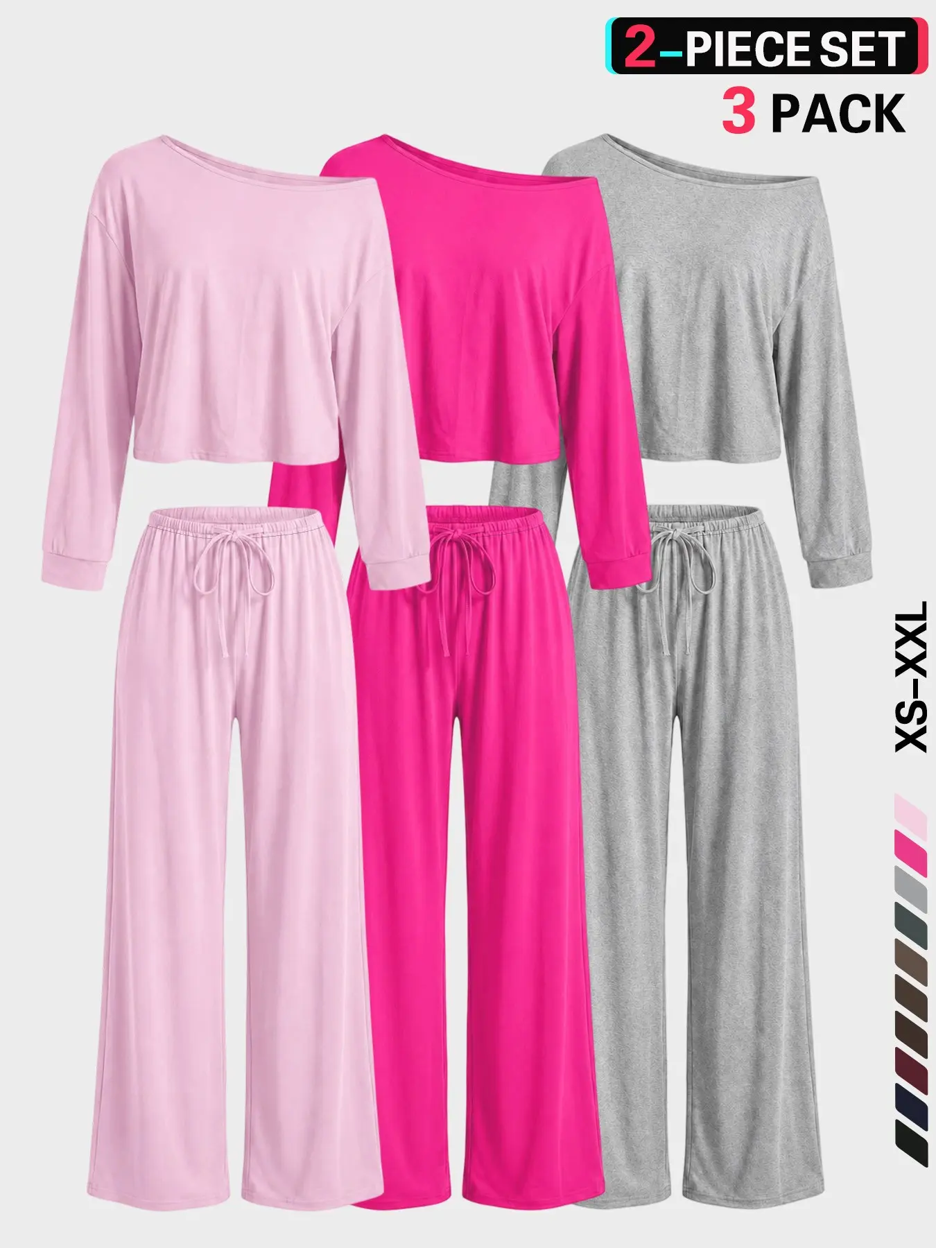 Women's 2-Piece Plain Crop Tee and Drawstring Waist Wide Leg Pants Loungewear, Casual Comfy Long Sleeve Top and Trousers, Ruched Drawstring Design, Comfy Chic Pajama Set