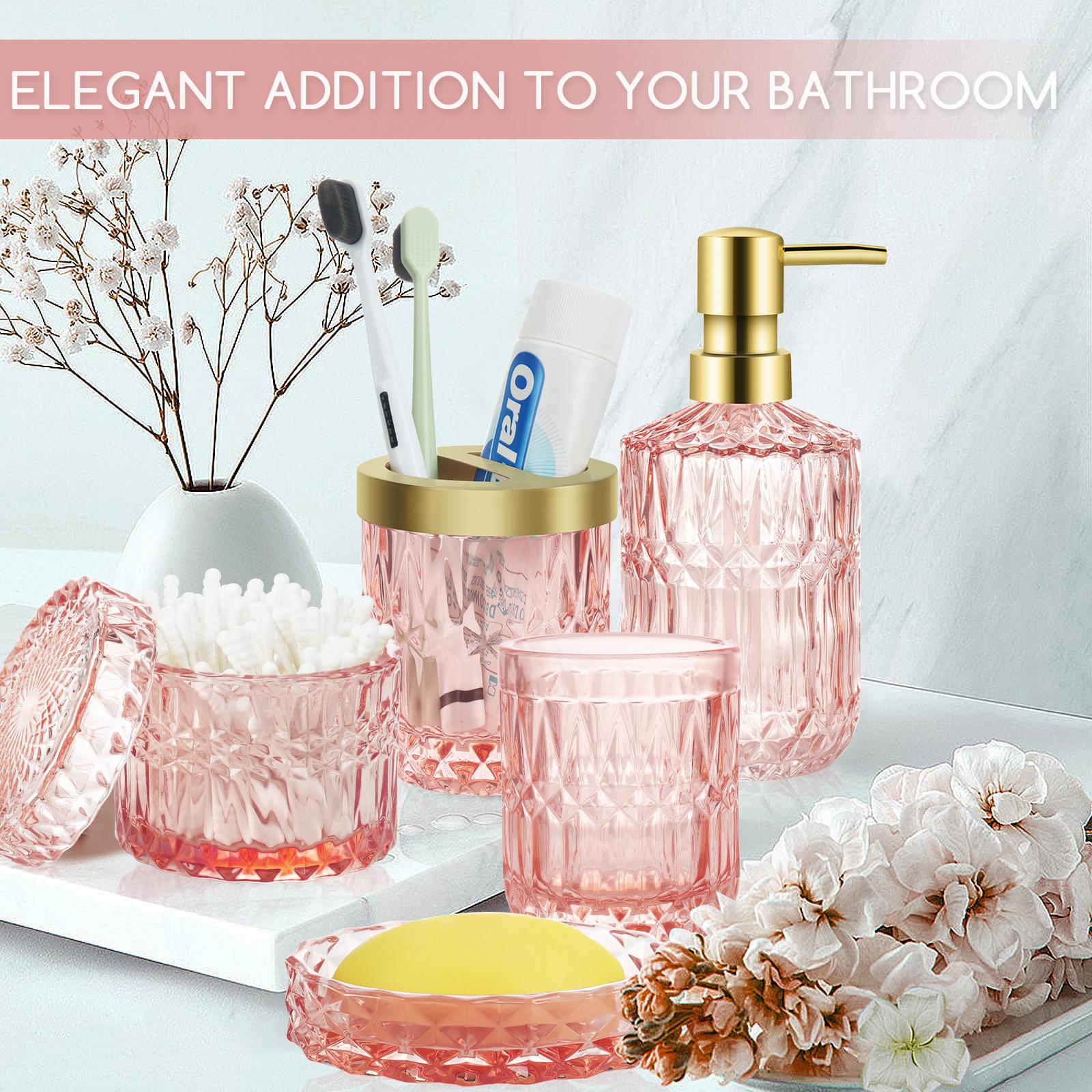 Green Bathroom Accessories Set, 5Pcs Clear Glass Bathroom Accessories, Vanity Bathroom Decor, Hand Soap Dispenser, Soap Dish, Toothbrush Holder Set, Modern Countertop Organizer, Housewarming Gift Set