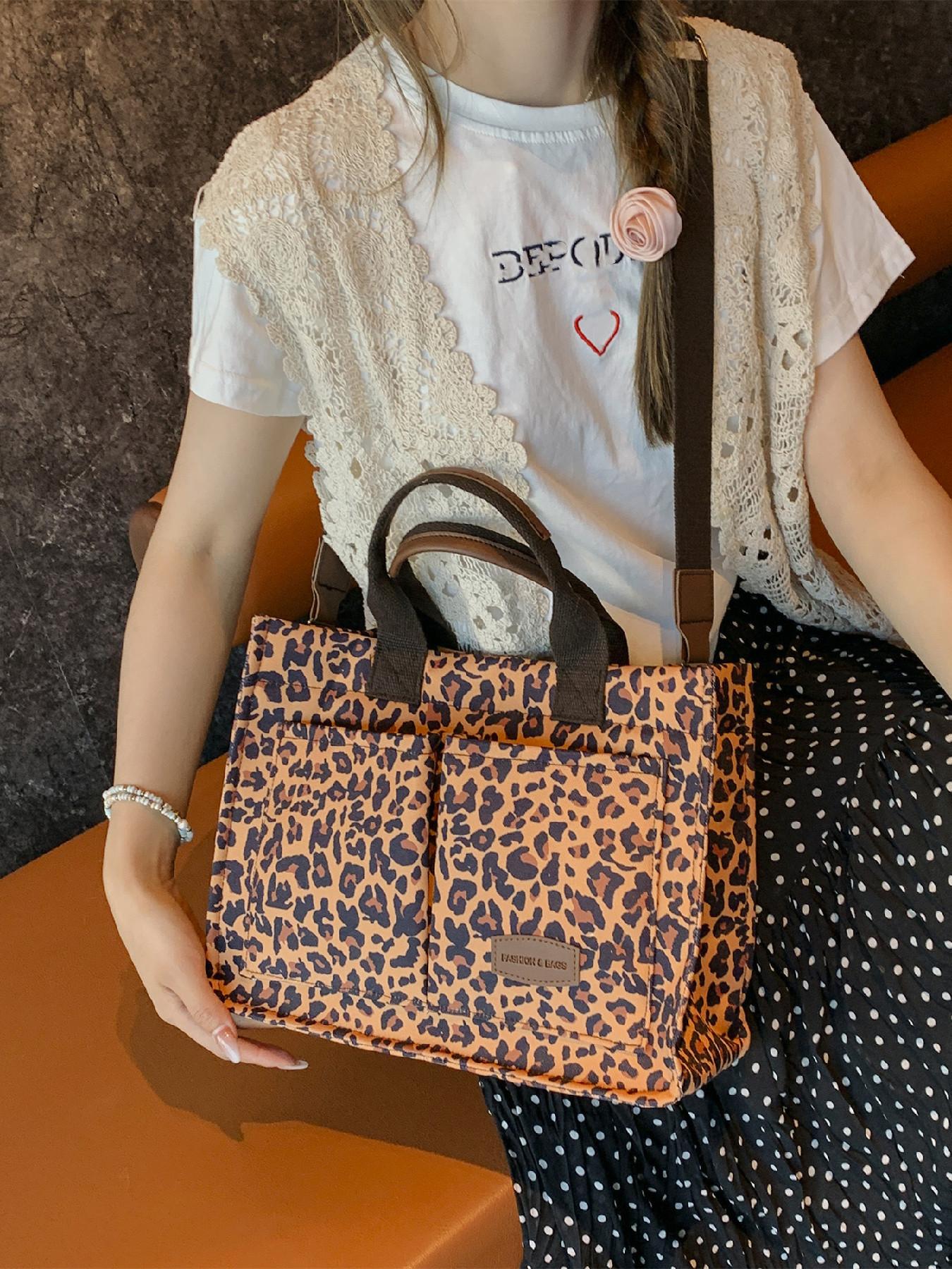 Fashion Leopard Pattern Adjustable Tote Bag, Casual Letters Patched Decor Shoulder Bag for Women, Trendy All-match Commuter Bag, Handbag Shoulder Bag
