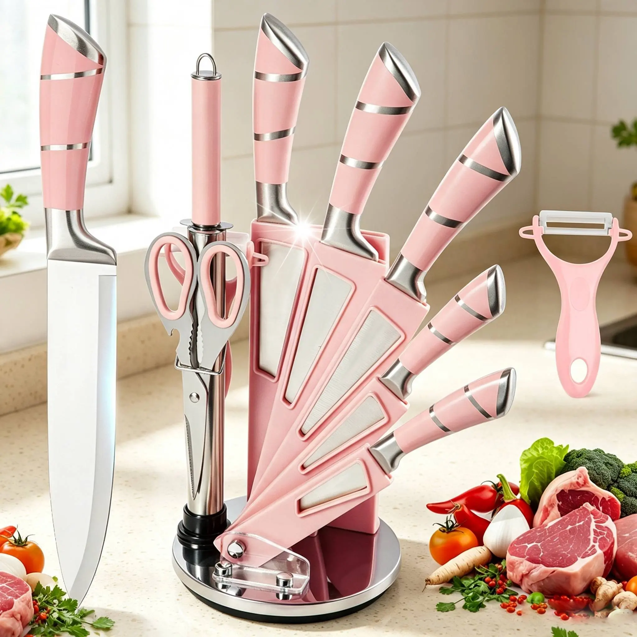 【BackToSchool】9pcs High Carbon Stainless Steel Thin Blade Set Kitchen Knives - Professional Chef, Bread, Cleaver, Paring, Utility Knives with Solid Hollow Sturdy Handles, Block, Scissors, Sharpener, Peeler - Ultra Sharp Edge, Non-Stick, Multifunctional, N
