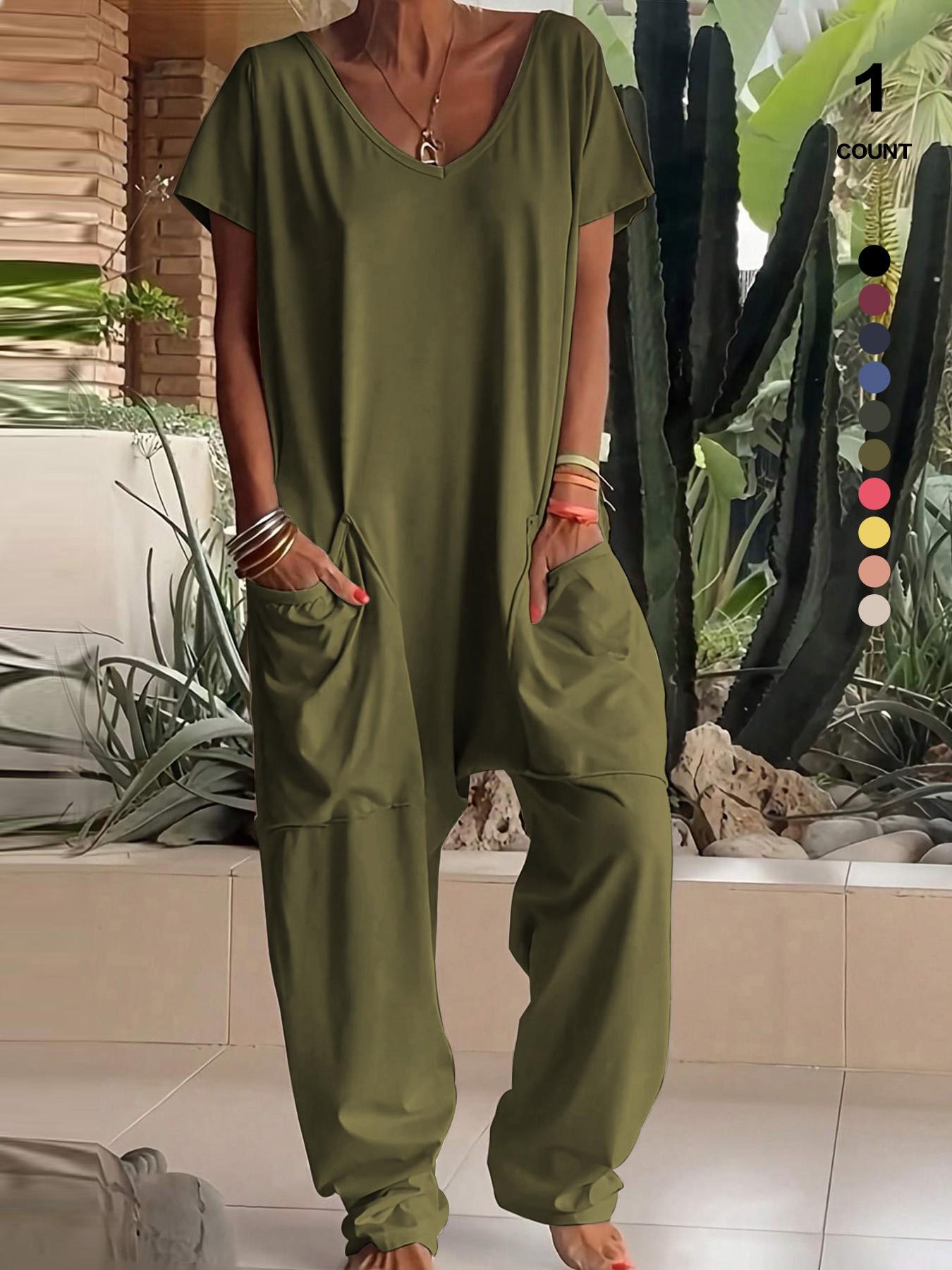 1/2/3 pcs Oversized Women's Harem Jumpsuit, Bohemian Style One-Piece Romper with Side Pockets, Casual Fashion for All-season 2026