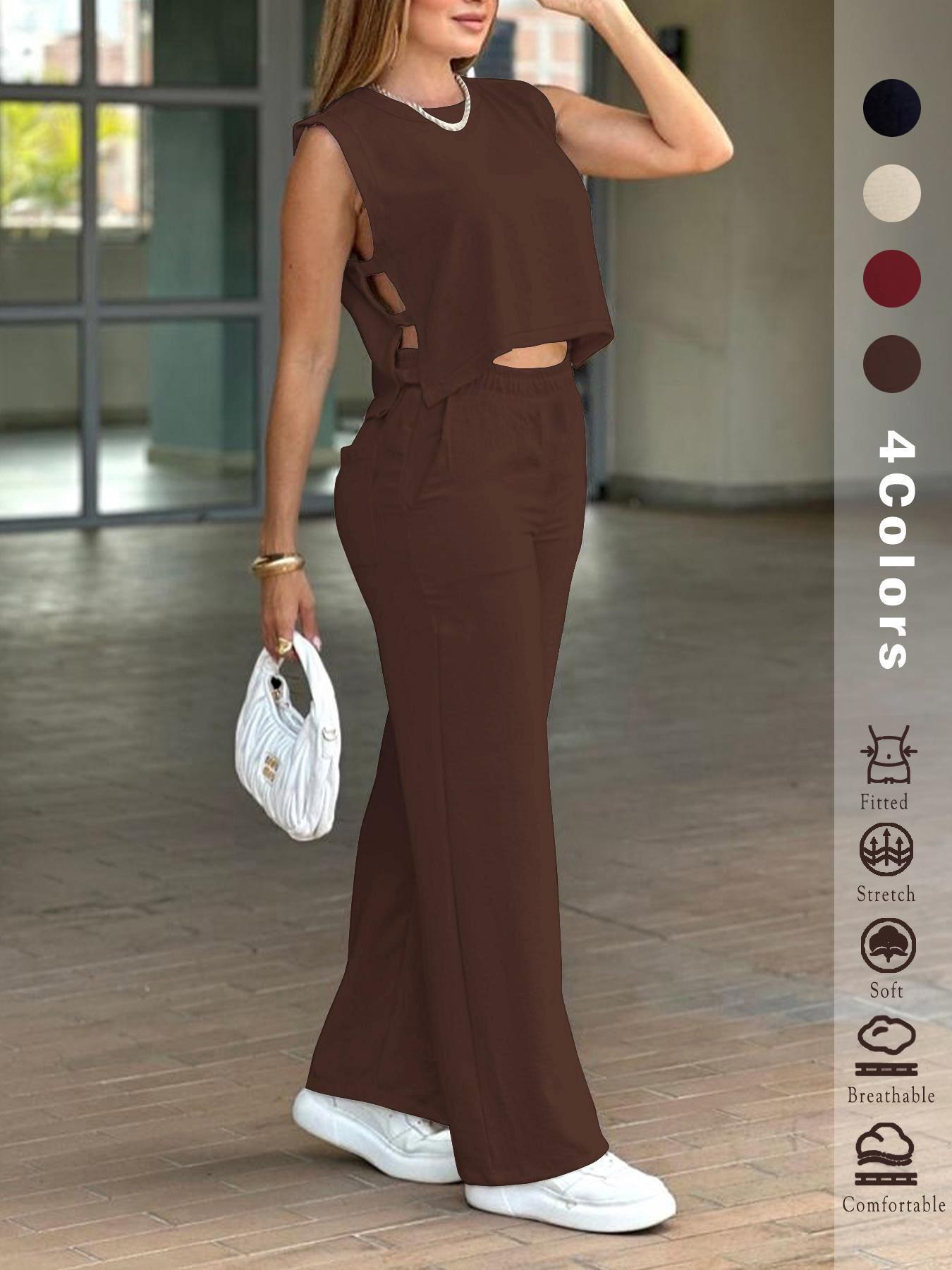 2025 Women's 2PCS Set - Sleeveless Side Cutout Crop Top & Wide-Leg Pants | Loose Fit, Elastic Waist w/Pockets | OOTD for Spring/Summer/Autumn | Office, Commute & Daily | All Body Types | #Fashion2025 #WorkWardrobe #LoungeElegance