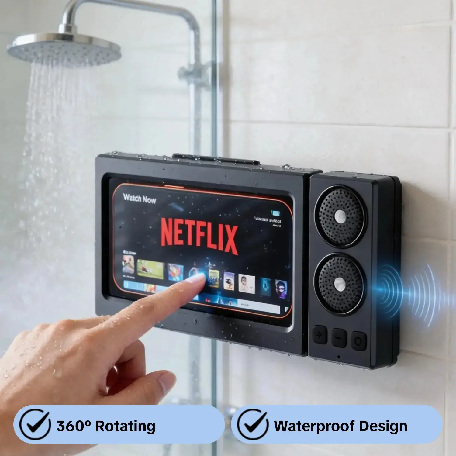Waterproof box speaker, Waterproof wireless speaker, bathroom 360° rotating touch screen, Bluetooth speaker, Rechargeable Waterproof Speakers, watch movies, listen to music, phone holder, swimming pool, kitchen, bathroom