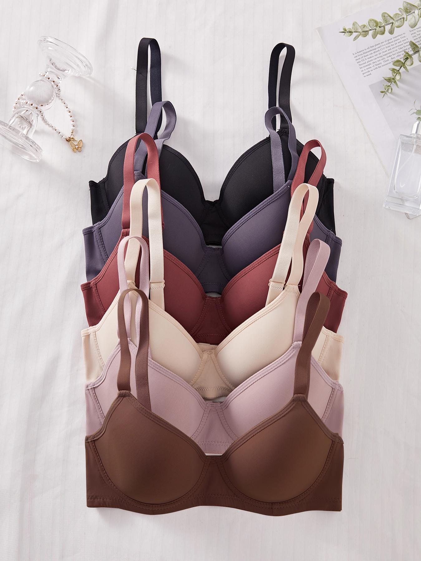 6 Piece Sexy Comfortable Push-Up Bra Set, Pure Color Medium Steel Support Women's Underwear, Fitted Lined Buckle Everyday Bras for All Seasons