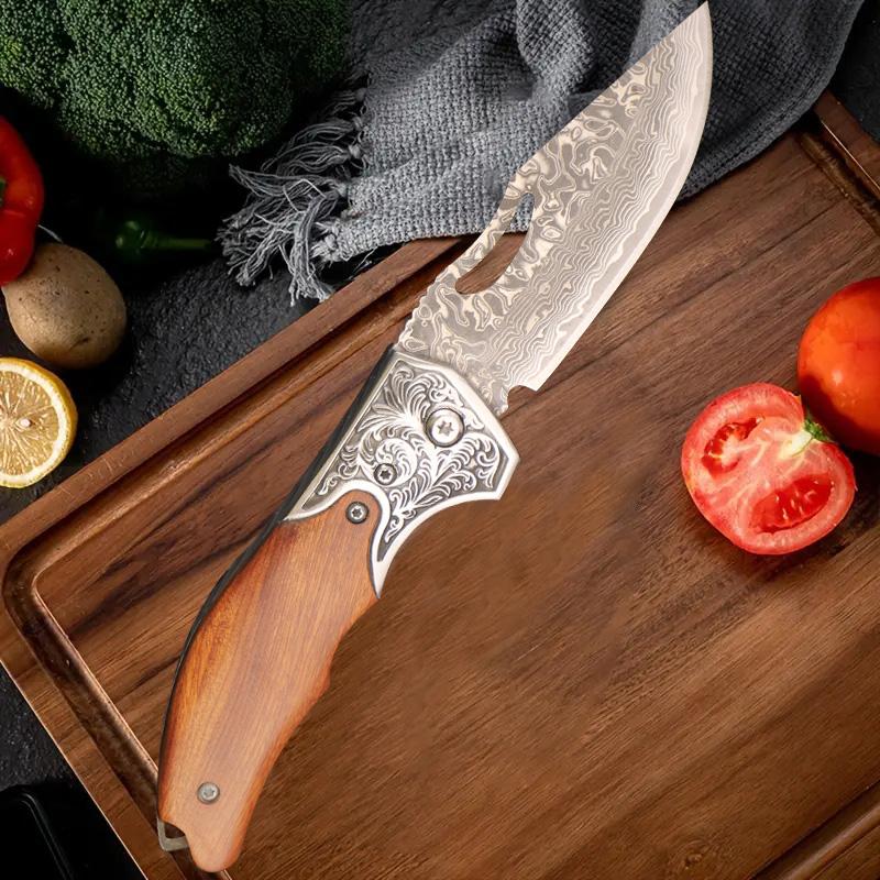 Damascus steel camping knife, chef's knife, solid wood handle, suitable for home kitchen, camping cooking barbecue, a gift for husbands, dads.