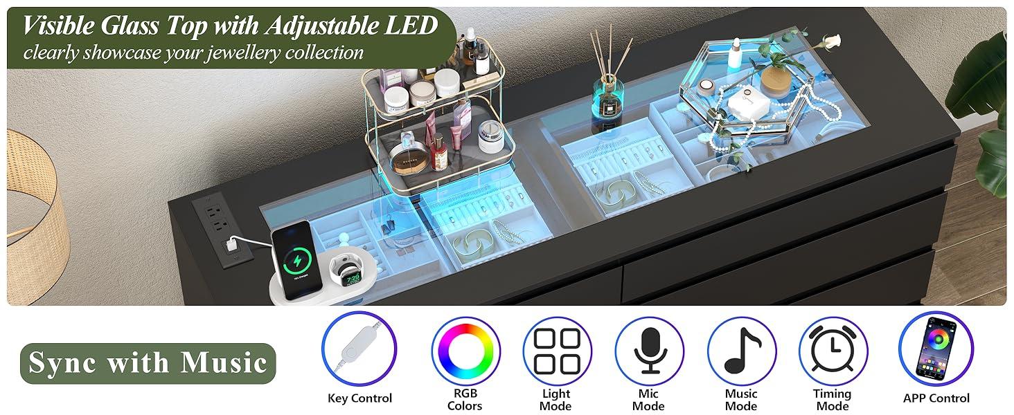 8 Drawer Dresser with Power Outlet and LED, White Dresser for Bedroom Chest of Drawer with Glass Top, Modern Double Wide Drawer Organizer Cabinet for Living Room
