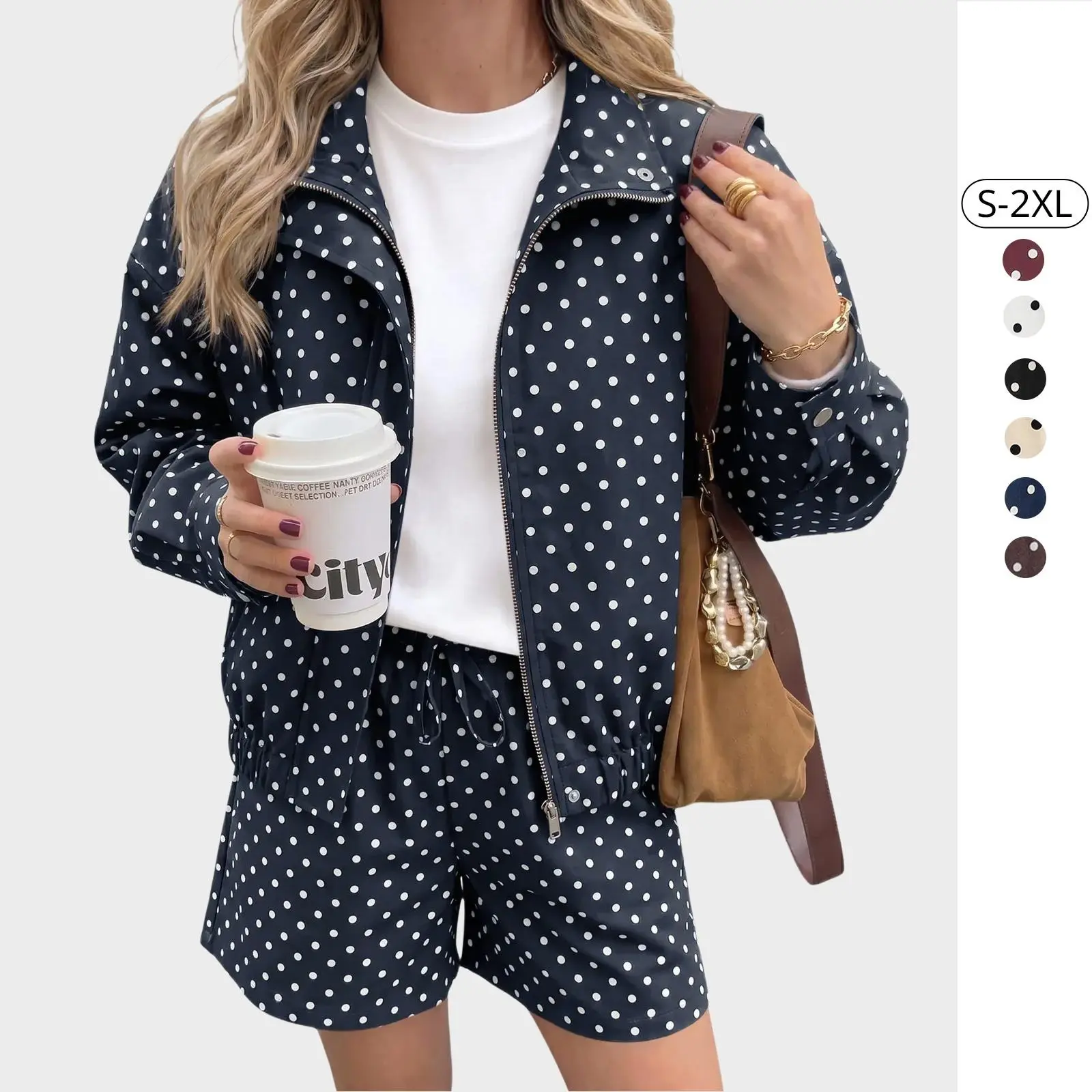 Tankaneo Womens Polka Dot 2 Piece Pants Sets Long Sleeve Oversized Zip Up Jackets and Shorts Trendy Going Out Outfits