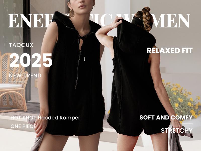 TAQCUX Women's Sleeveless Hooded Jumpsuit - Casual Short Half Zipper Rompers for Summer Outfits - Fitted & Minimalist Design - High-Quality Cotton Material - Versatile for Beach & Gym - Black Basic