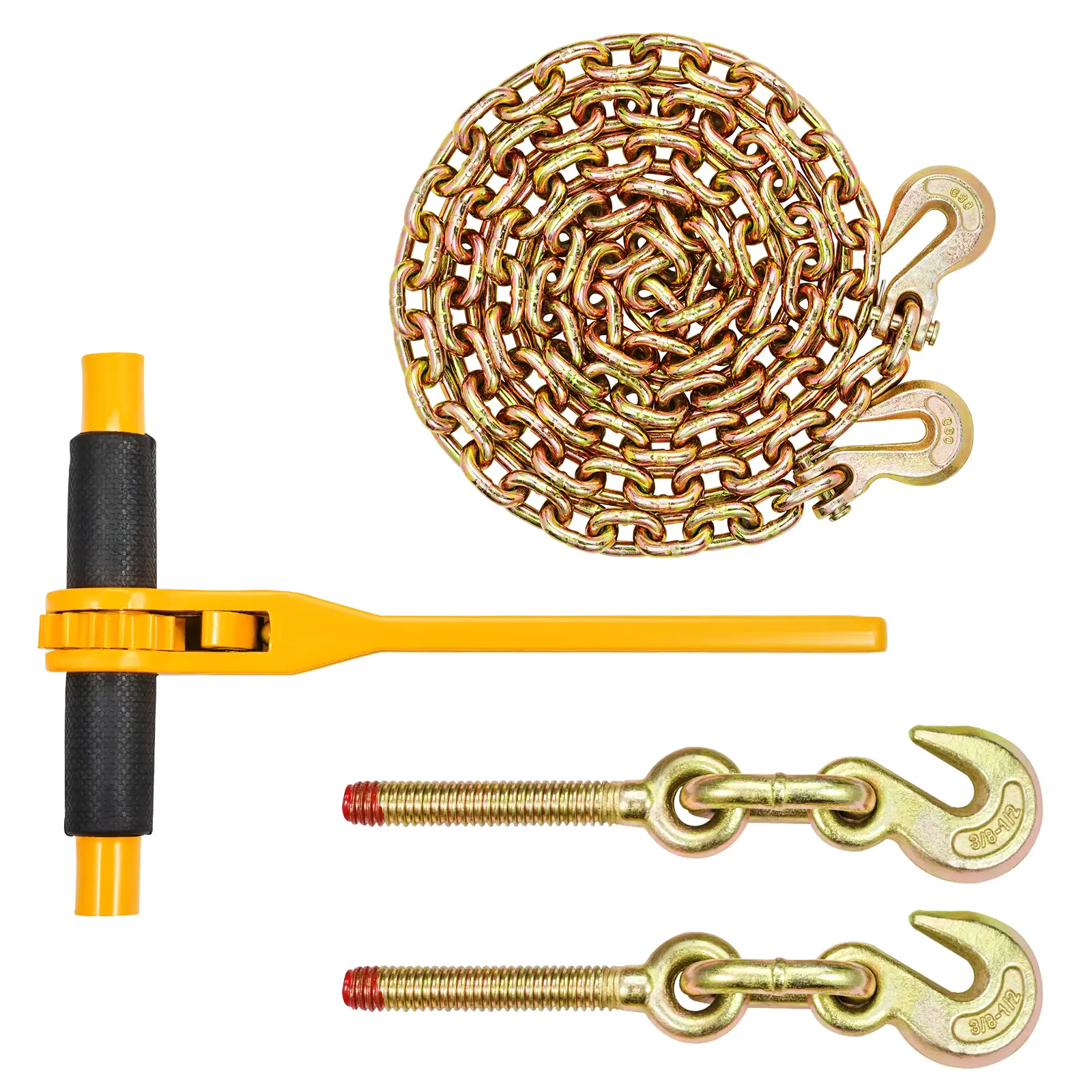 Chain and Binder Kit, 3/8"-1/2" Ratchet Load Binders 9200 lbs Working Load Limit, 3/8" x 10' G80 Chains with Grab Hooks, Ratchet Binders and Chains for Truck, Tie Down, Hauling, Towing, 2 Set