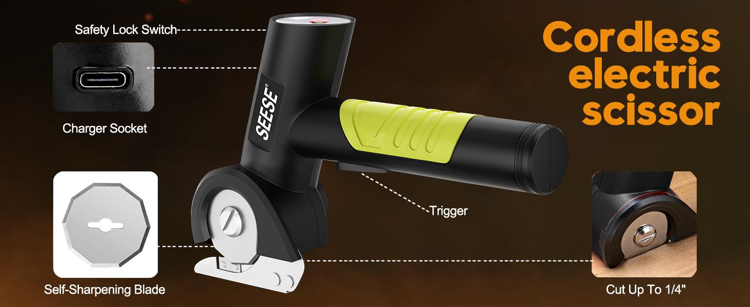 SEESE Cordless Rechargeable Electric Scissors – Portable Cutter for Fabric, Cardboard, Carpet & Leather Sewing Supplies Crafts Sewing Tools