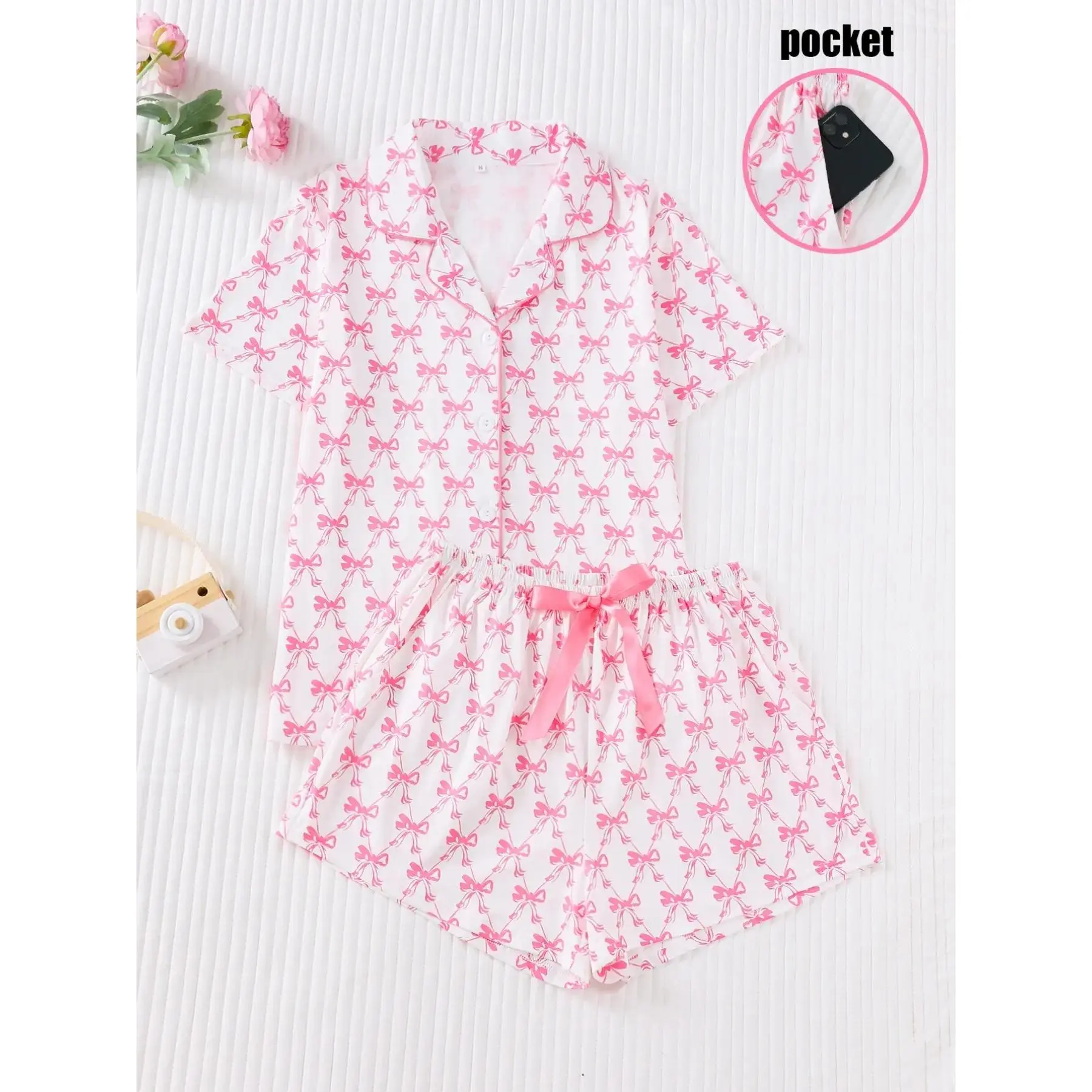 Women's Two-Piece Sleepwear Set, Loungewear, Premium Satin Fabric, Smooth Comfortable Loose Fit, Cute Button Short Sleeve Top & Shorts, Elegant Ladies' Pajamas, Pjs