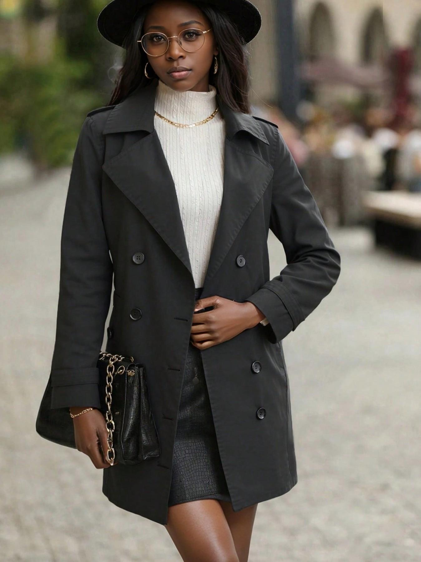 Women's Spring Windbreaker Jacket, Mid-Length Casual Commuter Coat, Long Sleeve Fitted Design with Pockets, Includes Belt, All Seasons