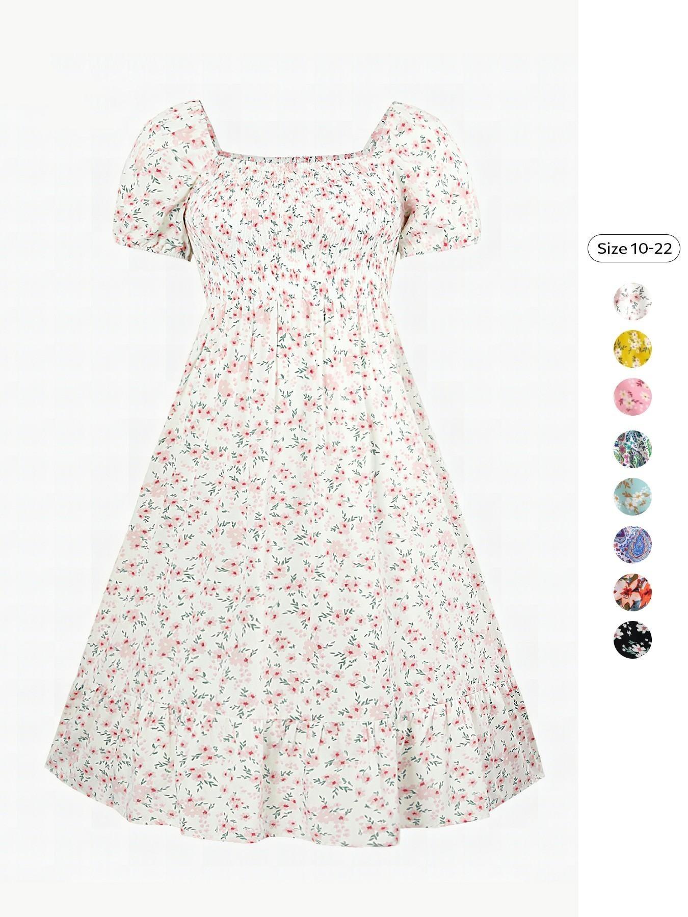 Women's Airy Elegant Chic Aesthetic Boho Style Allover Floral Print Scoop Neck Short Sleeve Pleated Maxi Dress for Summer