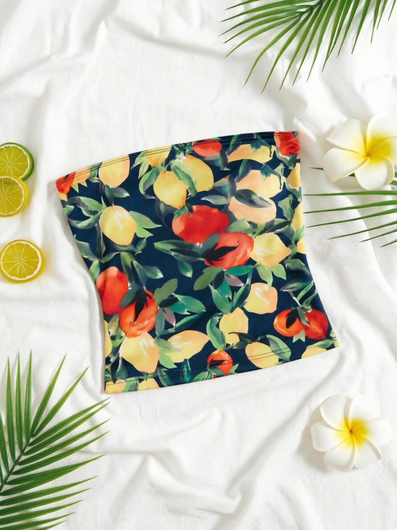 Three-Piece Summer Women's Fruit Print Strapless Short Top, Sexy Off-Shoulder Short Top, Vintage Lemon Peach Pattern Slim Fit Tube Top