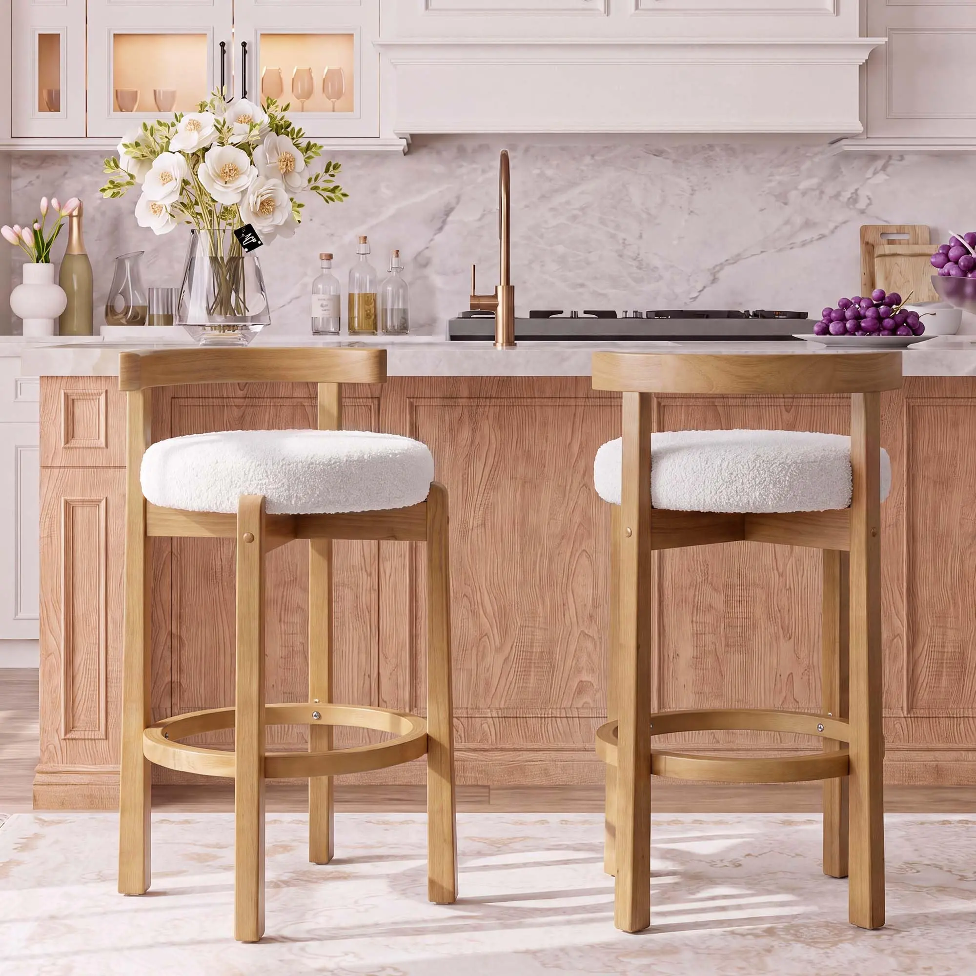 Hosslly Modern Counter Height Bar Stools (Set of 2) - Upholstered Fabric Seat with Back, Solid Wood Legs, Built-In Footrest, Simple Style Fabric-Covered Wooden Home Bar Furniture with Warm Wood Finish for Kitchen Island/Dining Use, Set Home Bar Furniture