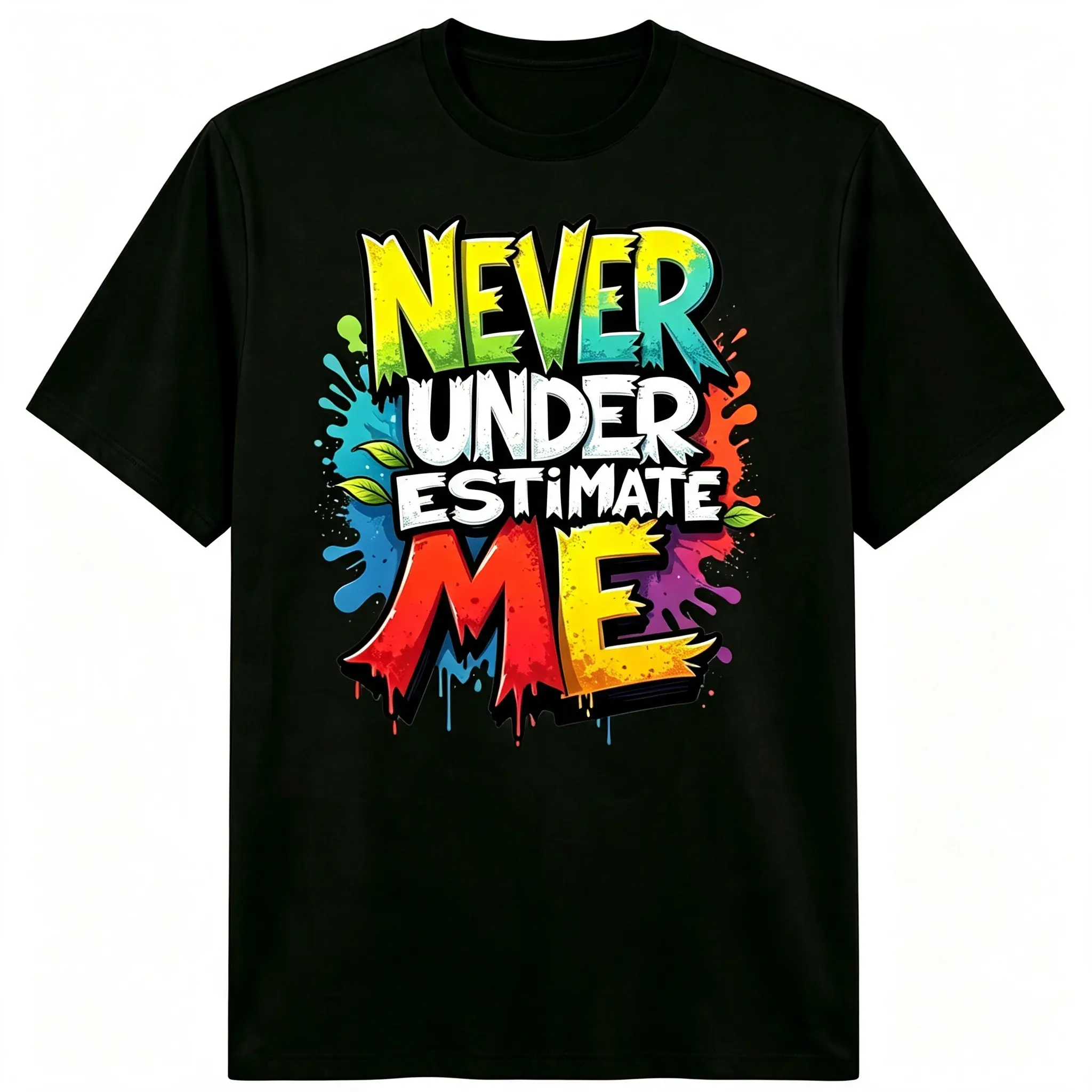 "Never Underestimate Me" Colorful Graffiti Splash Unisex T-Shirt for Men & Women - Bold Inspirational Streetwear Graphic, Soft Breathable Cotton Crew Neck Short Sleeve, All-Season Casual Tee, Great for Confidence Motivational Style, Machine Washable