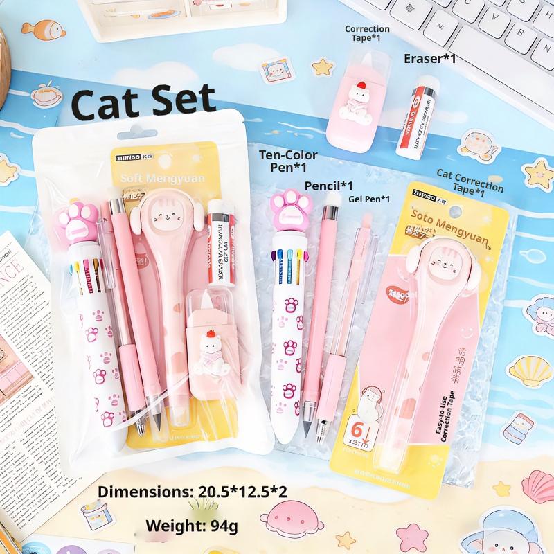 6/12 pcs Creative Theme Stationery Set, Includes Ten Color Pens, Eraser, Neutral Pen, Pencil, Correction Tape, Cow and Cat Themes, Multifunctional Writing Tools, Ballpen Set, Perfect Office & Study Supplies for Children's Day gift