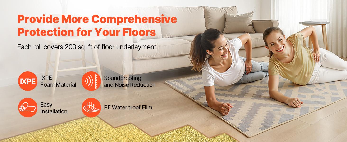 Floor Underlayment 200 sq. ft/Roll, 3-in-1 3 mm Thick Flooring Padding with Tape Vapor Barrier, Heavy Duty EPE Foam with Gold PE, Soundproofing and Noise Reduction, for Laminate Wood Floors