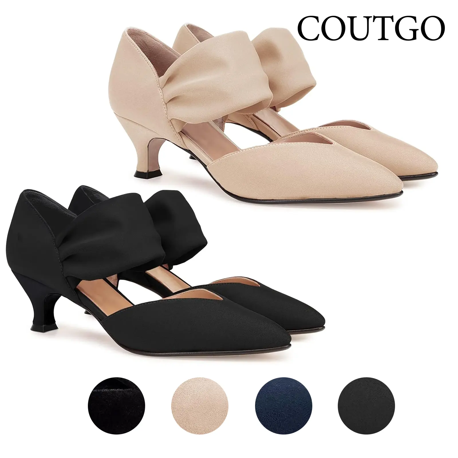 Coutgo Womens Low Kitten Heel Dress Shoes Pointed Toe Slip on Ankle Strap Cutout Elegant Party Wedding Pumps tiktokshopbacktoschool