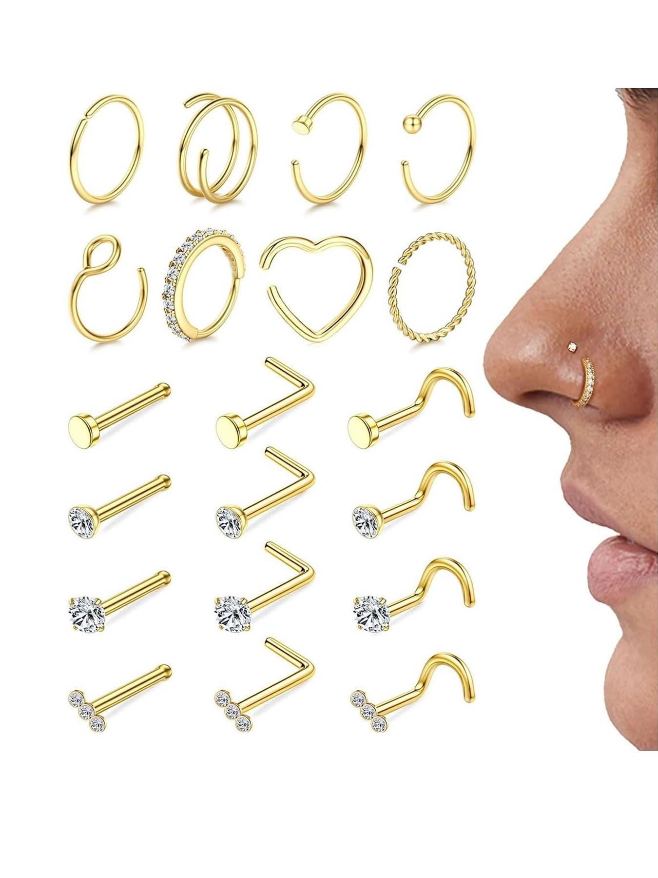 20g Nose Rings Hoops Nose Studs - Hypoallergenic Surgical Steel CZ Nose Stud L Shape Body Nostril Piercing Jewelry for Women Men 14k Gold Plated 20Pcs