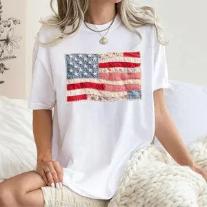 Retro American Flag Shirt, Faux Patchwork USA Tee, Digital Print Shirt, 4th of July Shirt, Patriotic Graphic Shirt, Fourth of July Shirt - HARSIN summer clothes