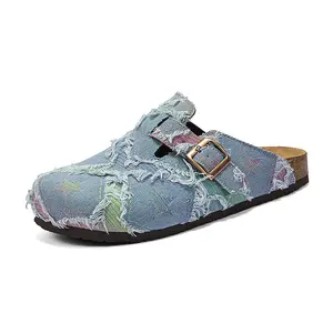 Patchwork Denim Clogs for Women, Slip-On Buckle Cork Footbed Mules Casual Comfort Shoes