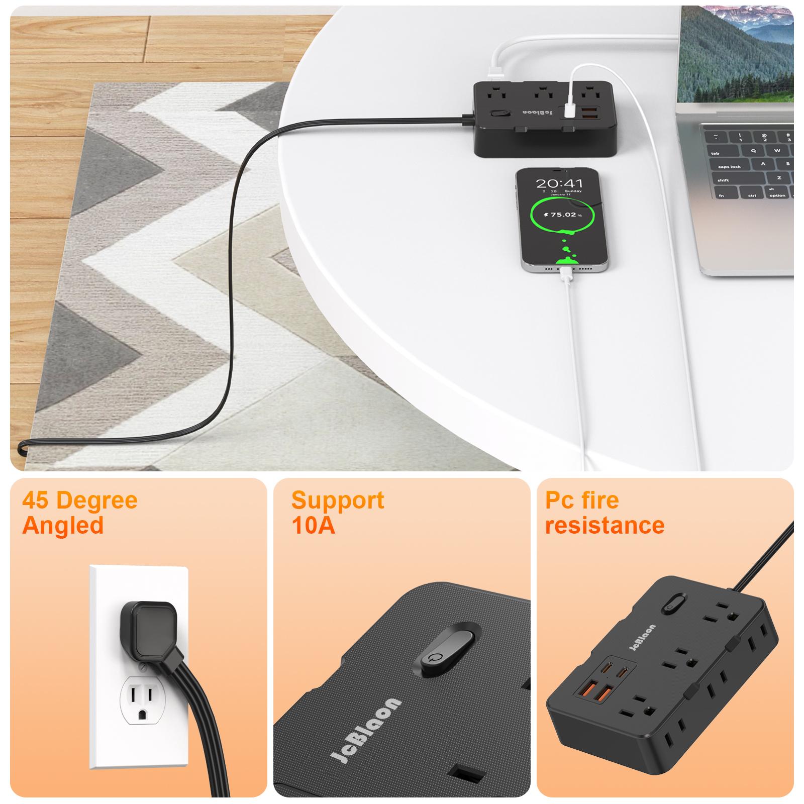 6-Outlet Power Strip with 4 USB Ports (2 USB-C), 5FT Flat Cord, 45° Angled Plug, Ultra Thin 0.14in, Overload Protection for Home Office