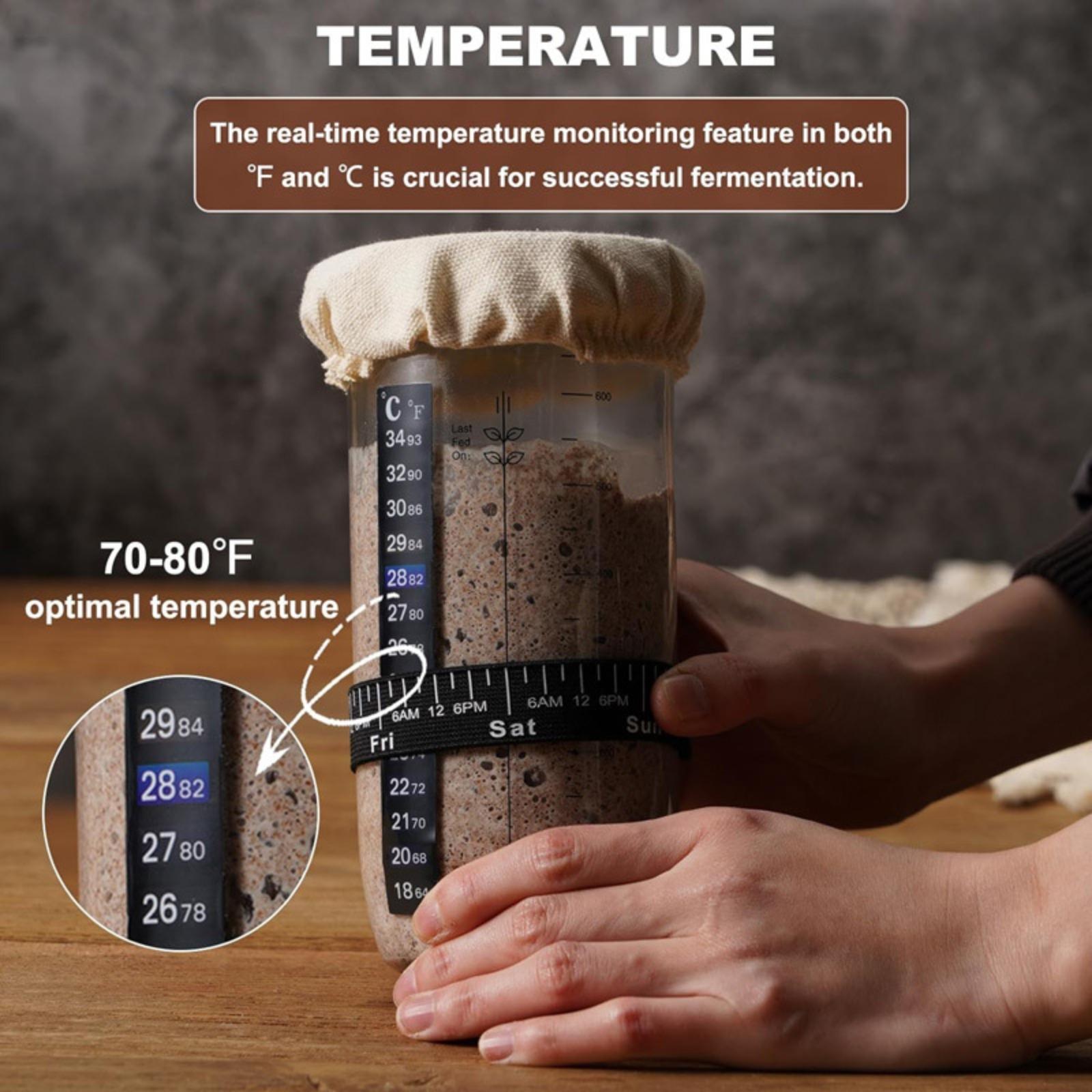 Bread fermentation jar, labeled feeding belt, thermometer, scraper, cloth cover and silicone cover/base, glass container, baking supplies