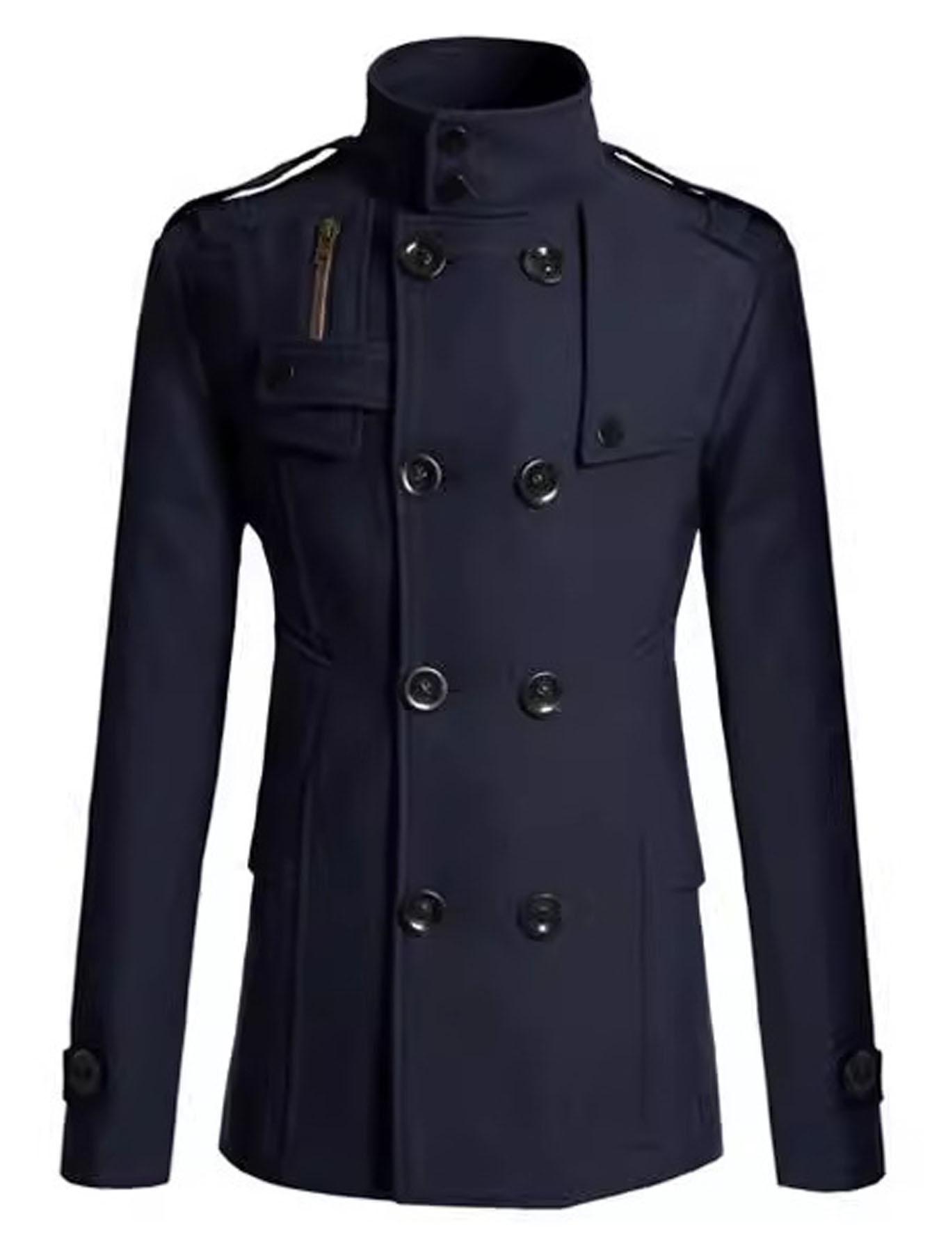 1PC Winter Men's Windbreaker Jacket with a Large Collar - Korean Style Fashion, Thick and Warm, Fashionable Standing Collar Double-Buttoned Coat Jacket, Suitable for Daily Commuting and Formal Occasions