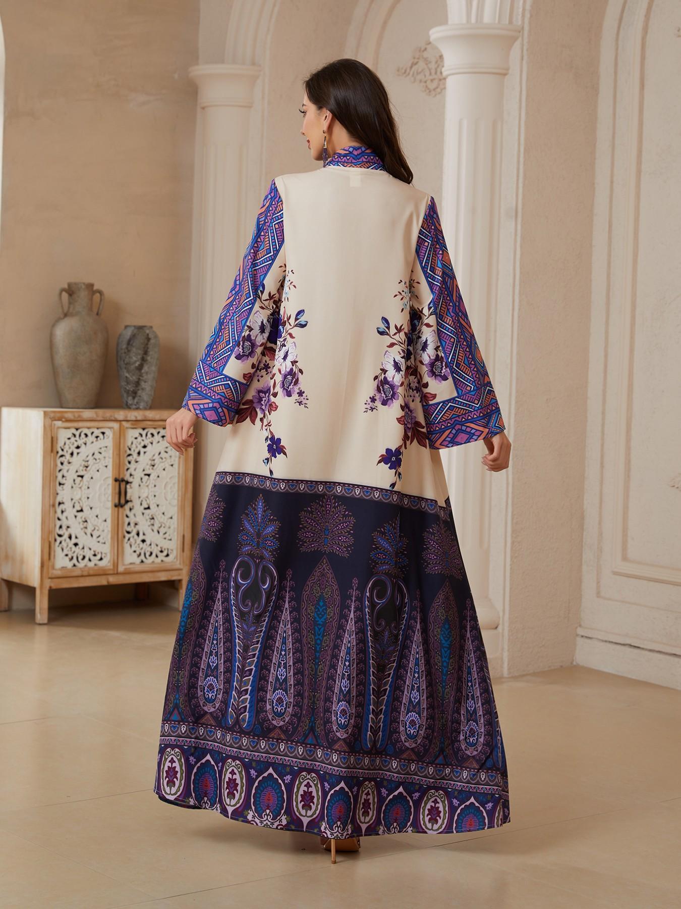 Middle Eastern Eid Limited Edition Multi-Color Patchwork Vintage Paisley Print Robe, Women's Loose Abaya Dress, Elegant Traditional Attire